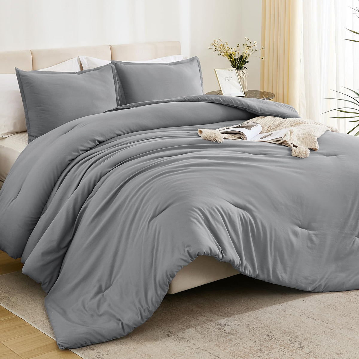 Litanika Comforters Medium Gray Queen Size, 3 Pieces Lightweight Solid Bedding Set & Collections, All Season Fluffy Bed Set (90X