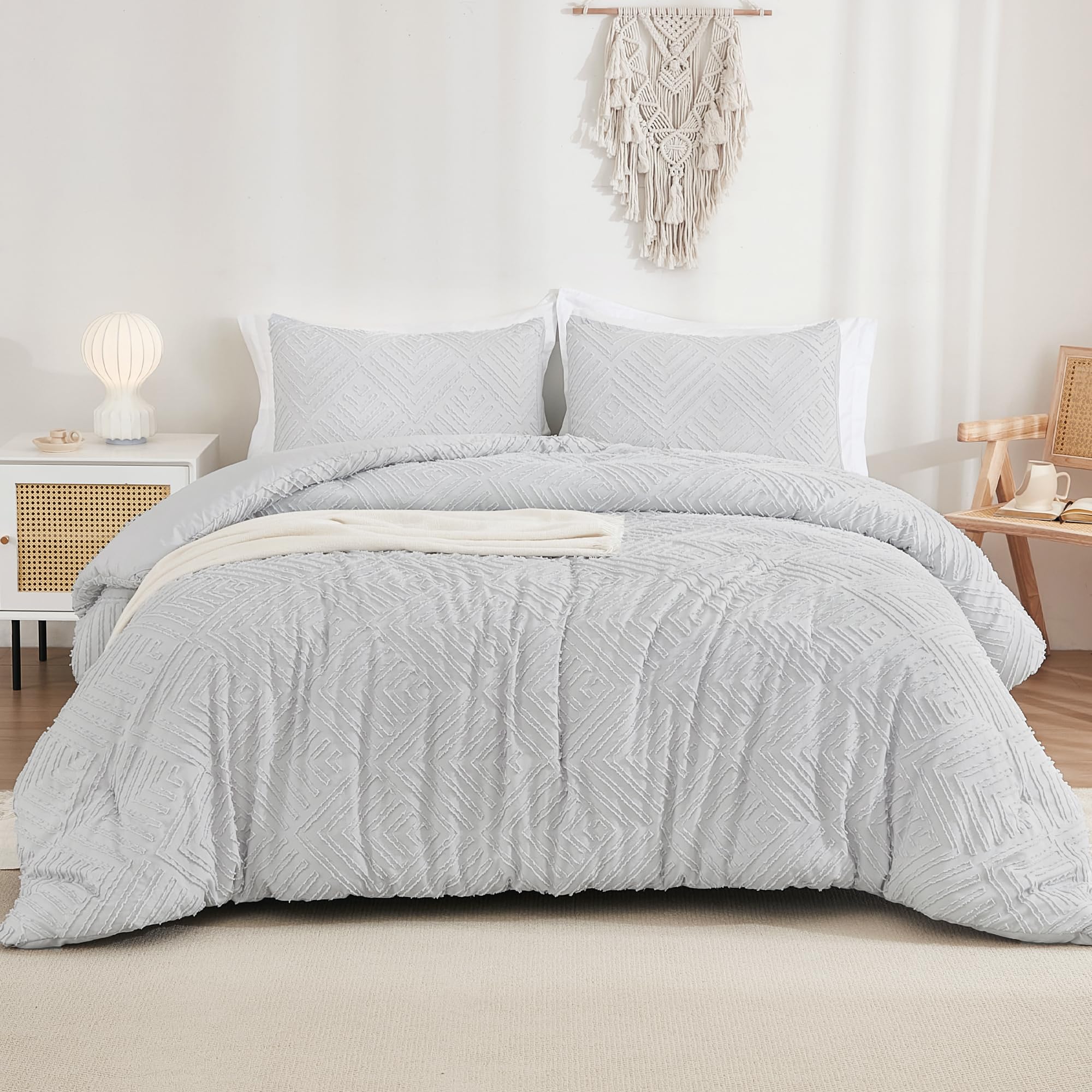 Andency Light Grey California King Comforter Set, 3 Pieces Boho Tufted Cal King Bedding Set & Collections, Oversized Soft Lightw