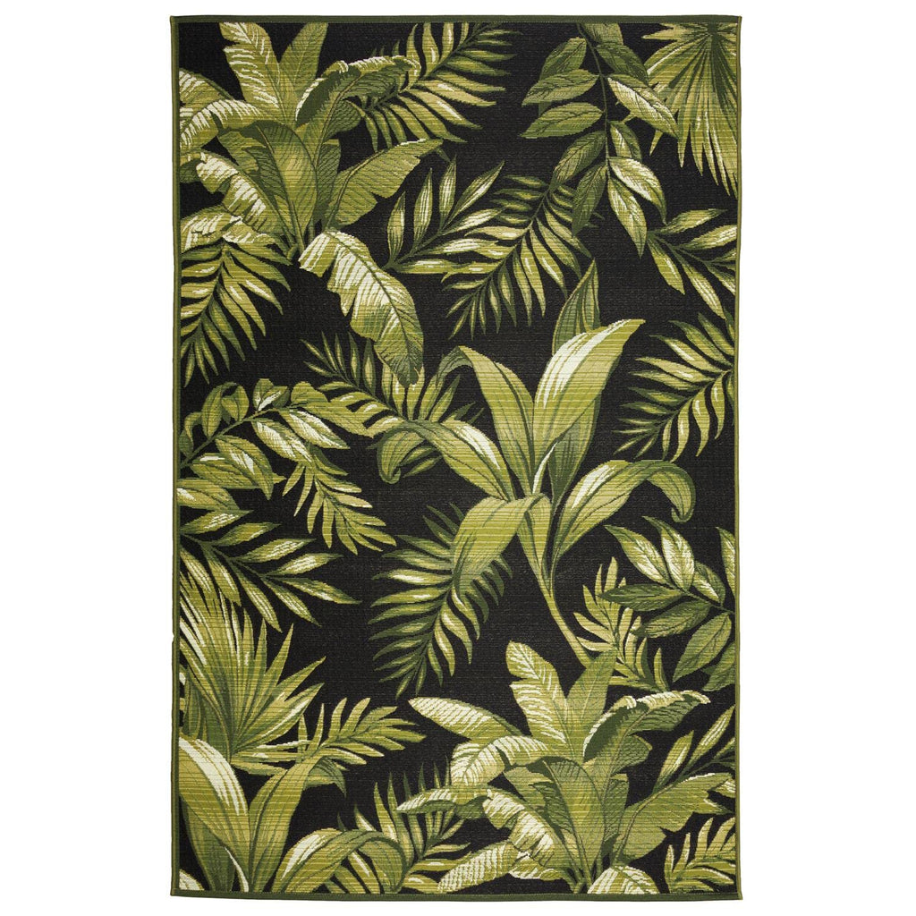 Liora Manne Marina Indoor/Outdoor Power Loomed Synthetic Blend Low Profile Area Rug - Transitional Graphic Botanical Beach Camping (Jungle Leaves Black) (4'10' X 7'6')