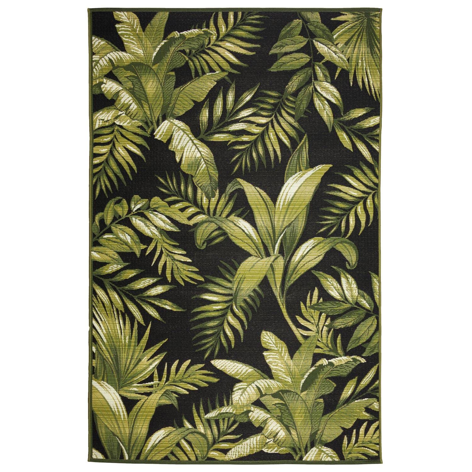 Liora Manne Marina Indoor/Outdoor Power Loomed Synthetic Blend Low Profile Area Rug - Transitional Graphic Botanical Beach Camping (Jungle Leaves Black) (4'10' X 7'6')