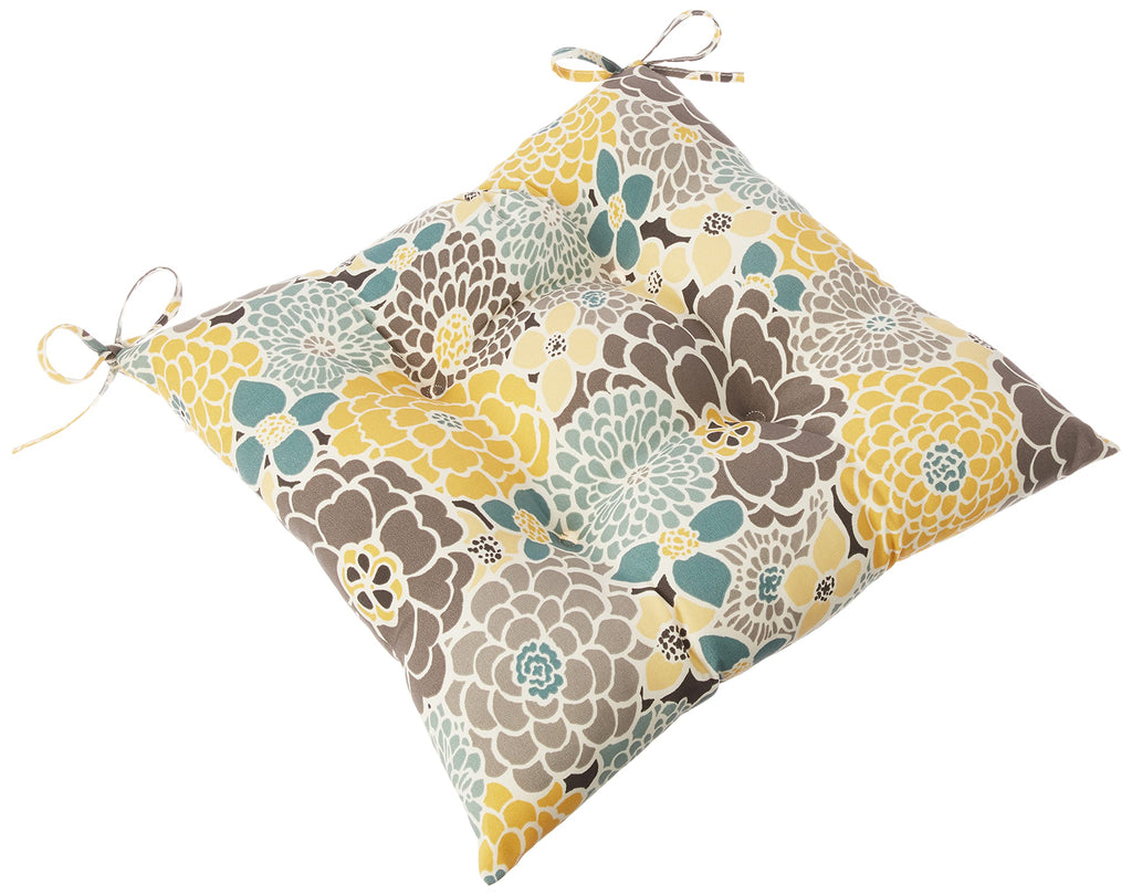 Pillow Perfect Bright Floral Indoor/Outdoor Chair Seat Cushion With Ties, Tufted, Weather, And Fade Resistant, 18.5' X 19', Bl
