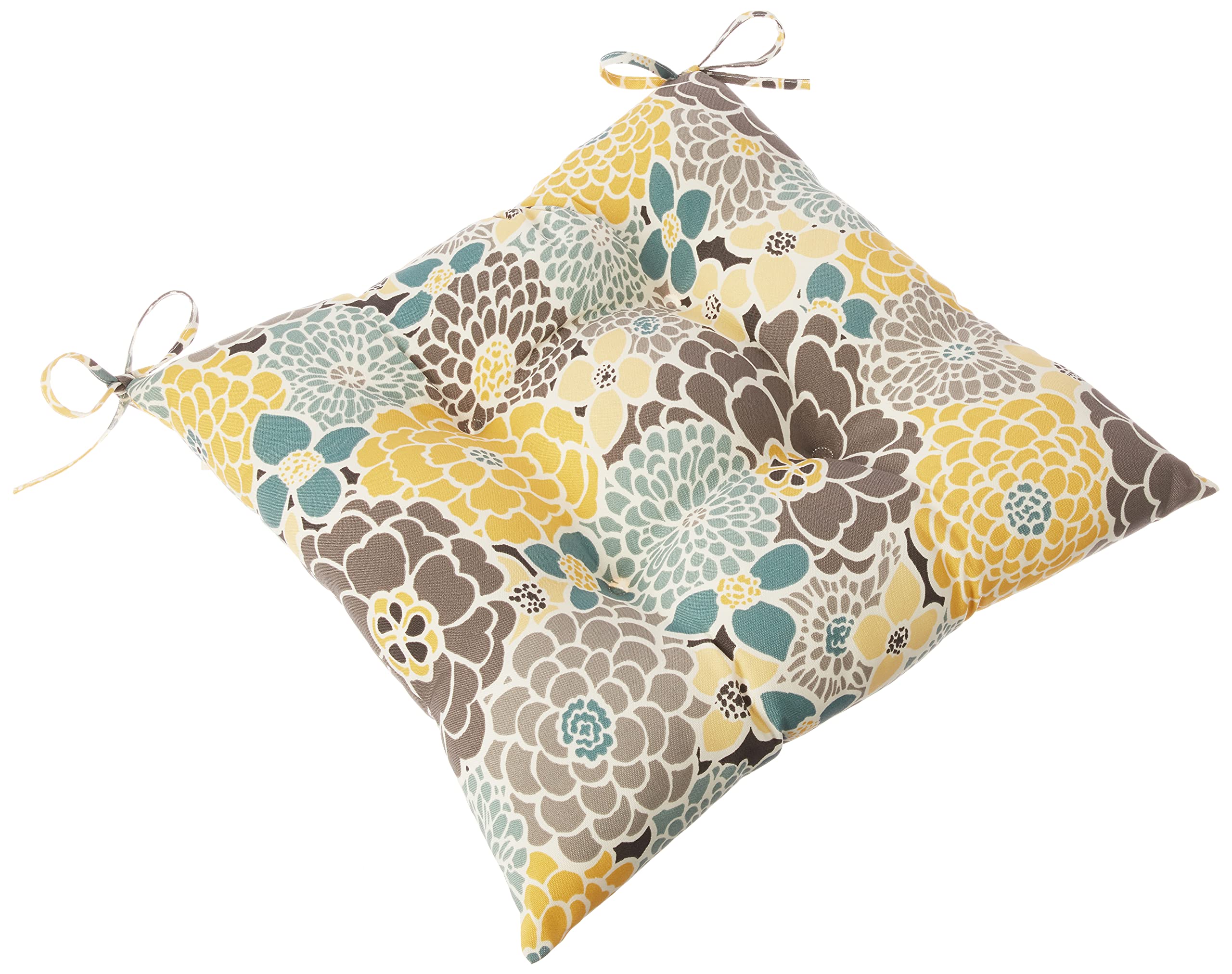 Pillow Perfect Bright Floral Indoor/Outdoor Chair Seat Cushion With Ties, Tufted, Weather, And Fade Resistant, 18.5' X 19', Bl