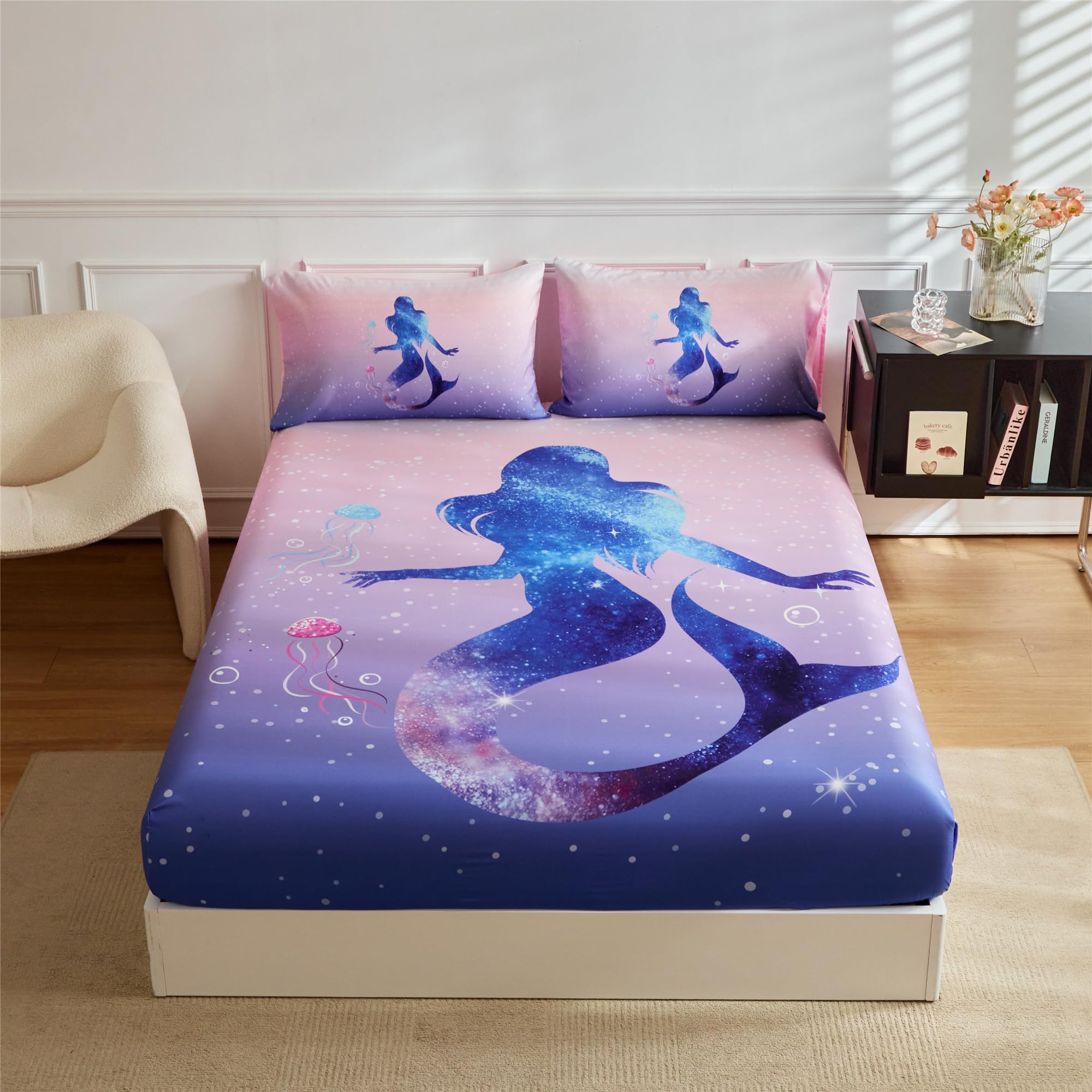 URLINENS Girls Mermaid Sheet Full Size 3 Piece, Ombre Pink Blue Mermaid Fitted Sheet and Pillowcase for Kids Teens, Soft Microfi