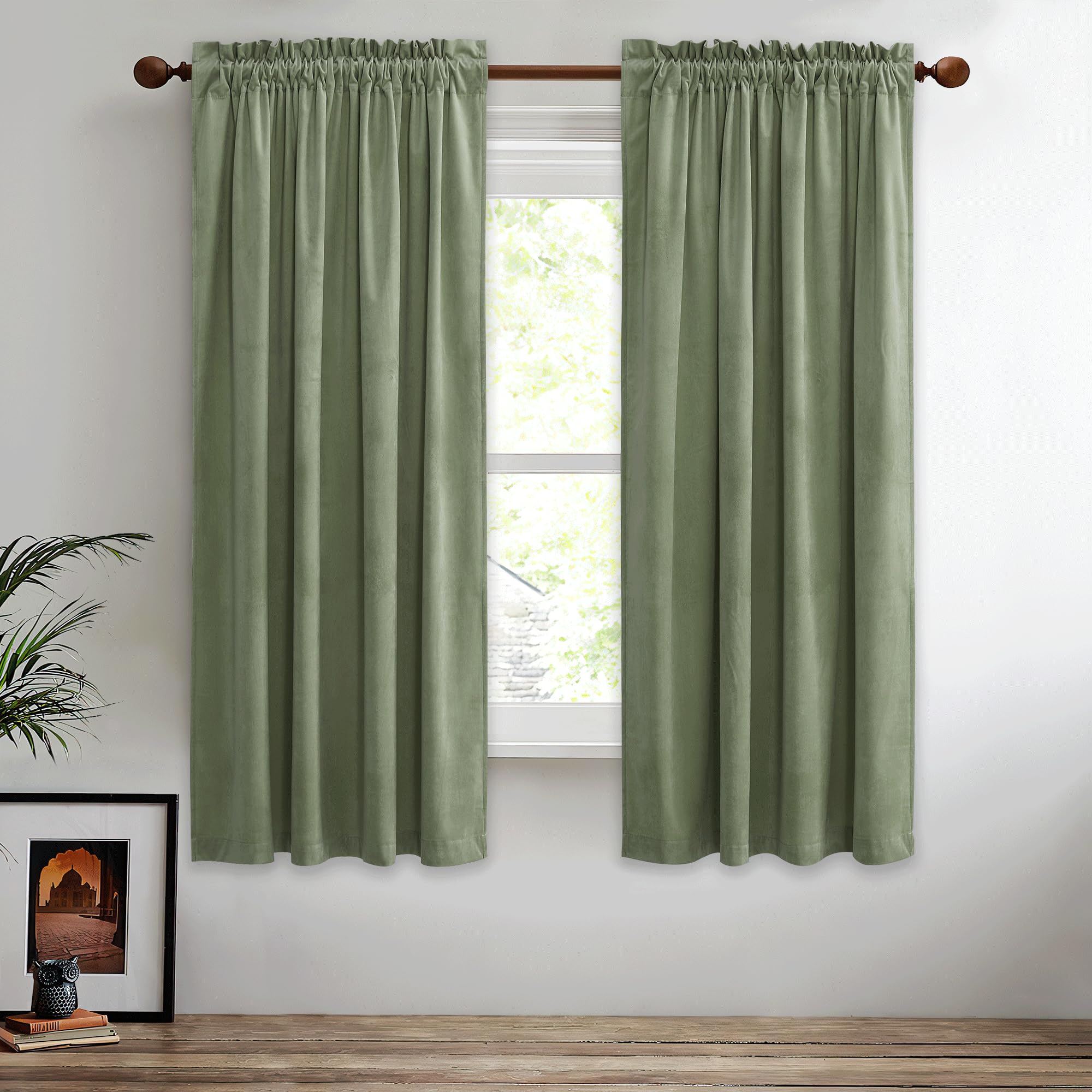 Stangh Sage Green Small Window Curtains 63 Inches Long 2 Panels Set, Thick Warming Velvet Curtains Room Darkening Privacy Protec