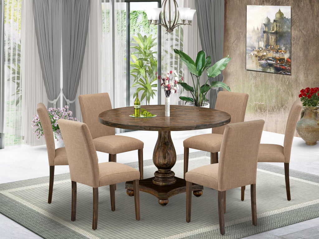 East West Furniture I2AB7-747 7 Piece Dining Set Consist of a Round Dining Room Table with Pedestal and 6 Light Sable Linen Fabric Upholstered Parson Chairs, 48x48 Inch, Distressed Jacobean