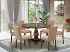 East West Furniture I2AB7-747 7 Piece Dining Set Consist of a Round Dining Room Table with Pedestal and 6 Light Sable Linen Fabric Upholstered Parson Chairs, 48x48 Inch, Distressed Jacobean