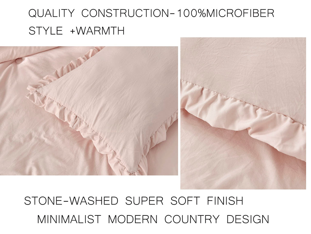 Chezmoi Collection Nora 3-Piece Ruffled Edge Trim Soft Washed Microfiber Comforter Set (Oversized King, Blush)