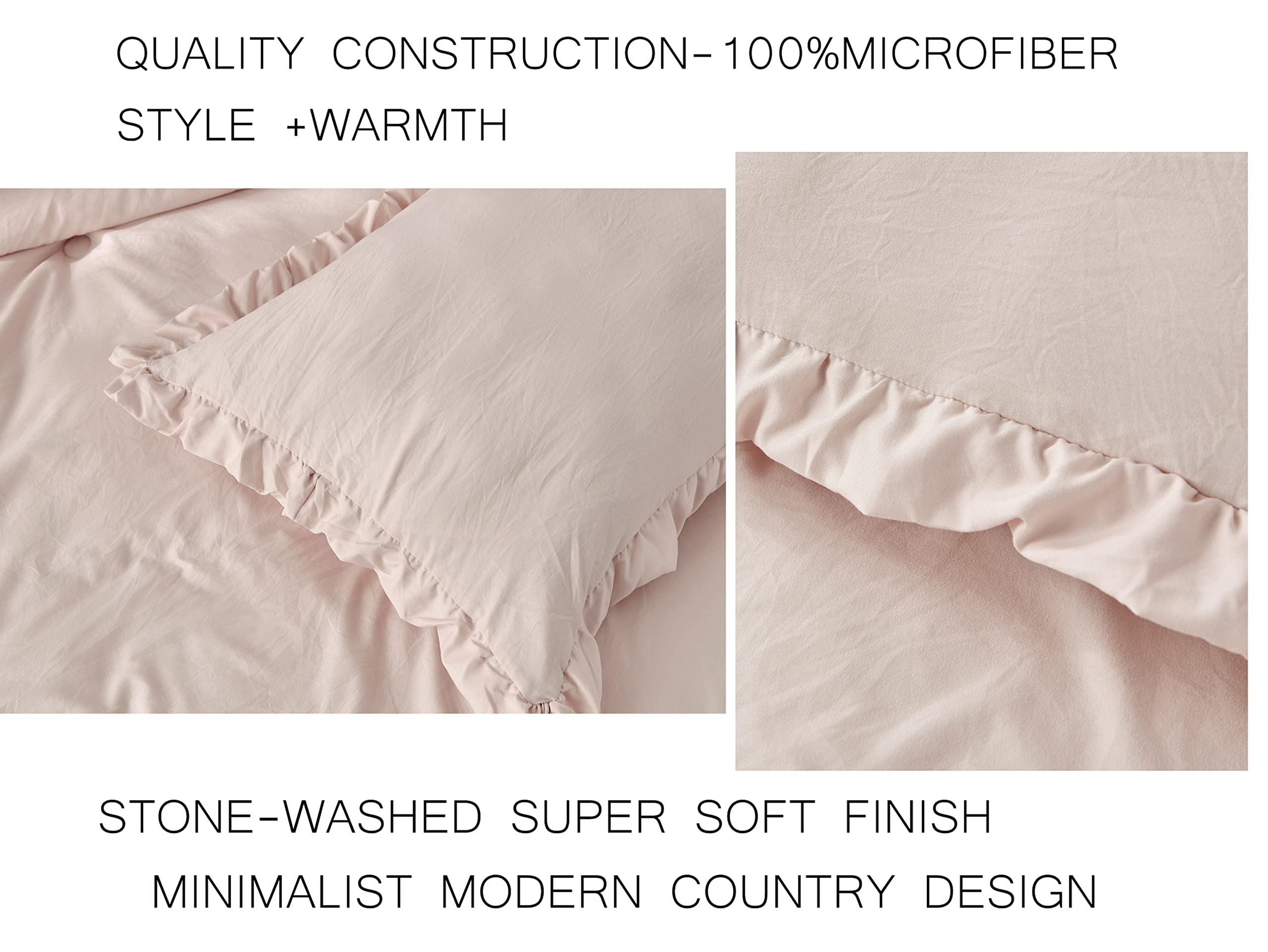 Chezmoi Collection Nora 3-Piece Ruffled Edge Trim Soft Washed Microfiber Comforter Set (Oversized King, Blush)