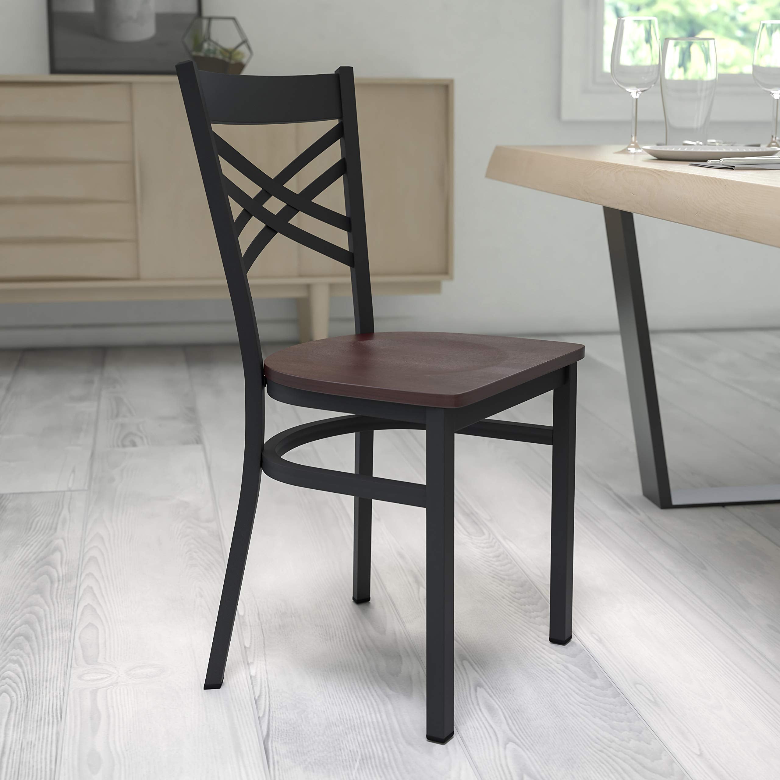 Flash Furniture Hercules Series Black ''X'' Back Metal Restaurant Chair - Walnut Wood Seat