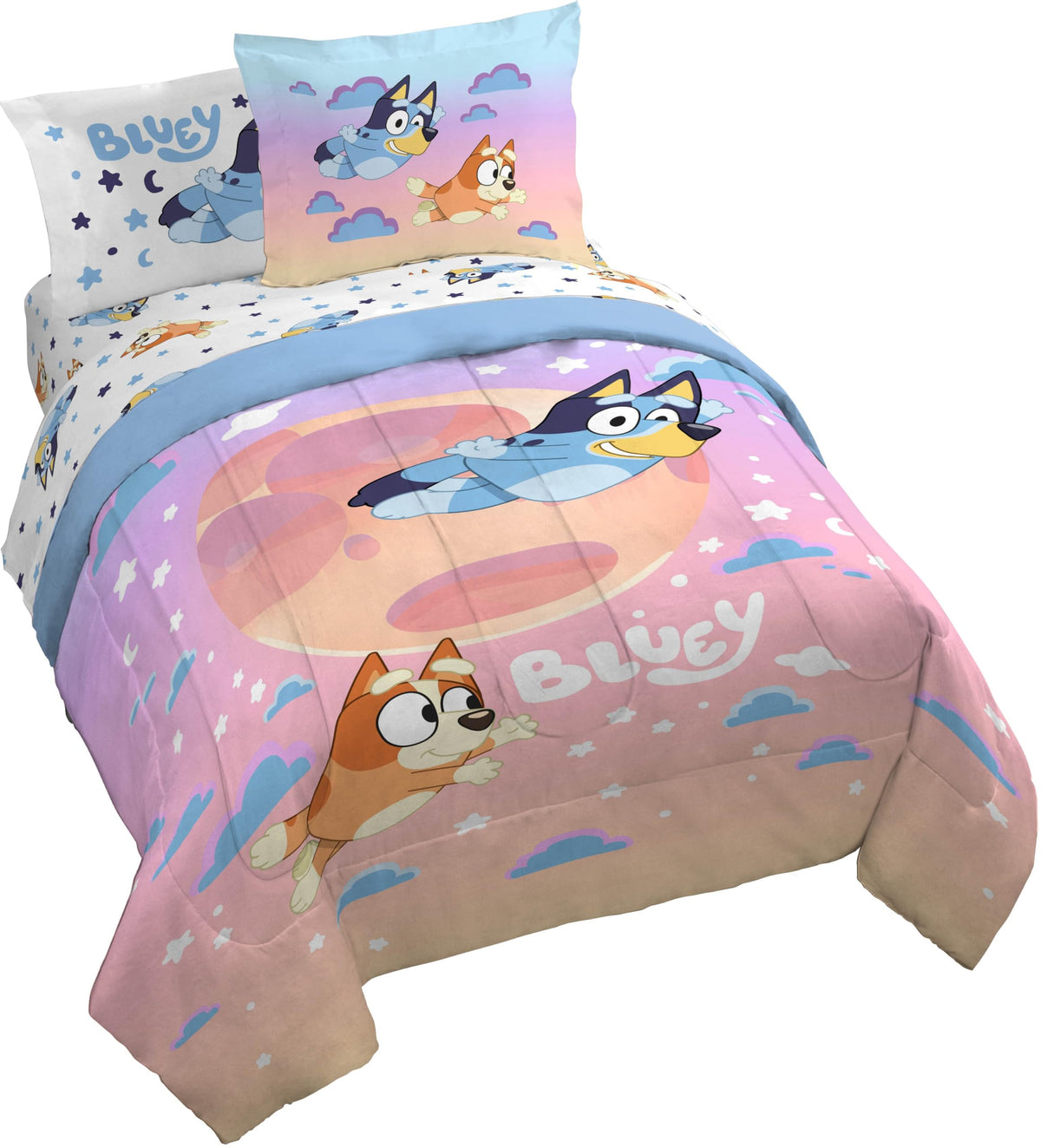Jay Franco Bluey & Bingo Queen Comforter Set - 7 Piece Bedding Includes Sheet Set & Pillow Covers - Super Clouds & Stars Cozy Be