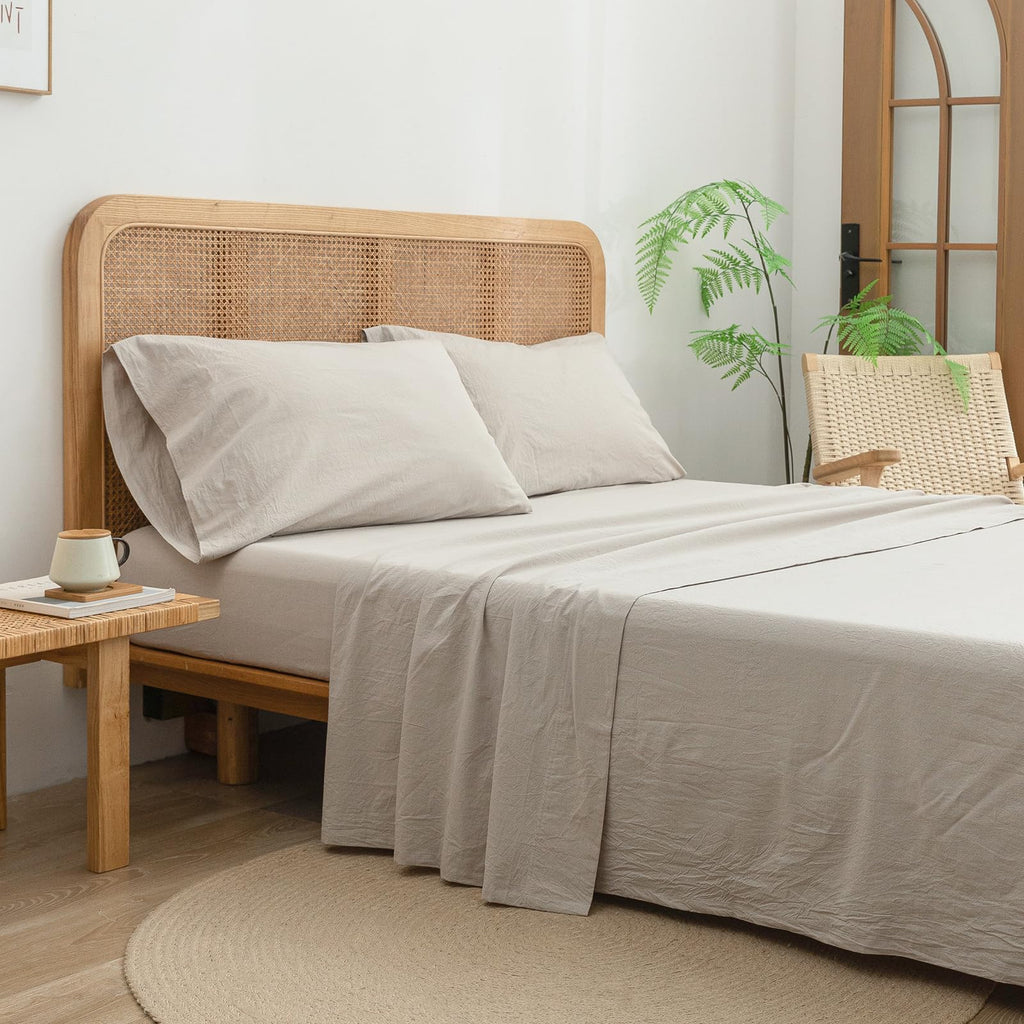 Bestouch Sheet Set 100% Washed Cotton Linen Feel Super Soft Comfortable Chic Lightweight 4 Pcs Home Bedding Set Solid Linen Grey