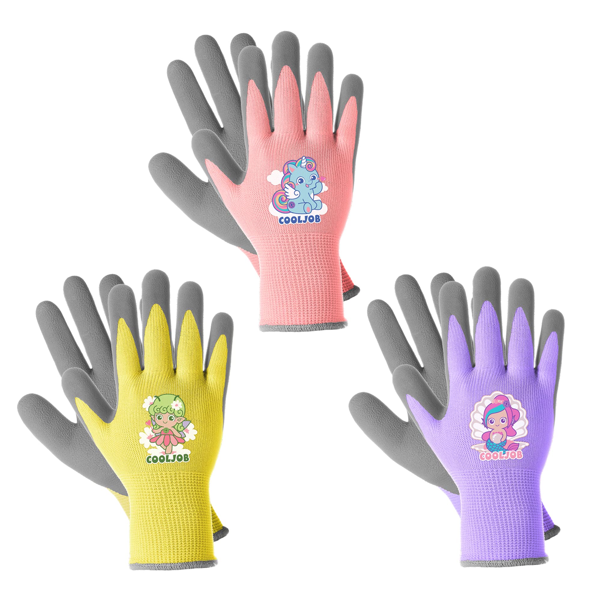 Cooljob 3 Pairs Kids Gardening Gloves For Age 3-5, Children Toddler Girls Grippy Rubber Coated Work Gloves, Purple & Pink & Yell