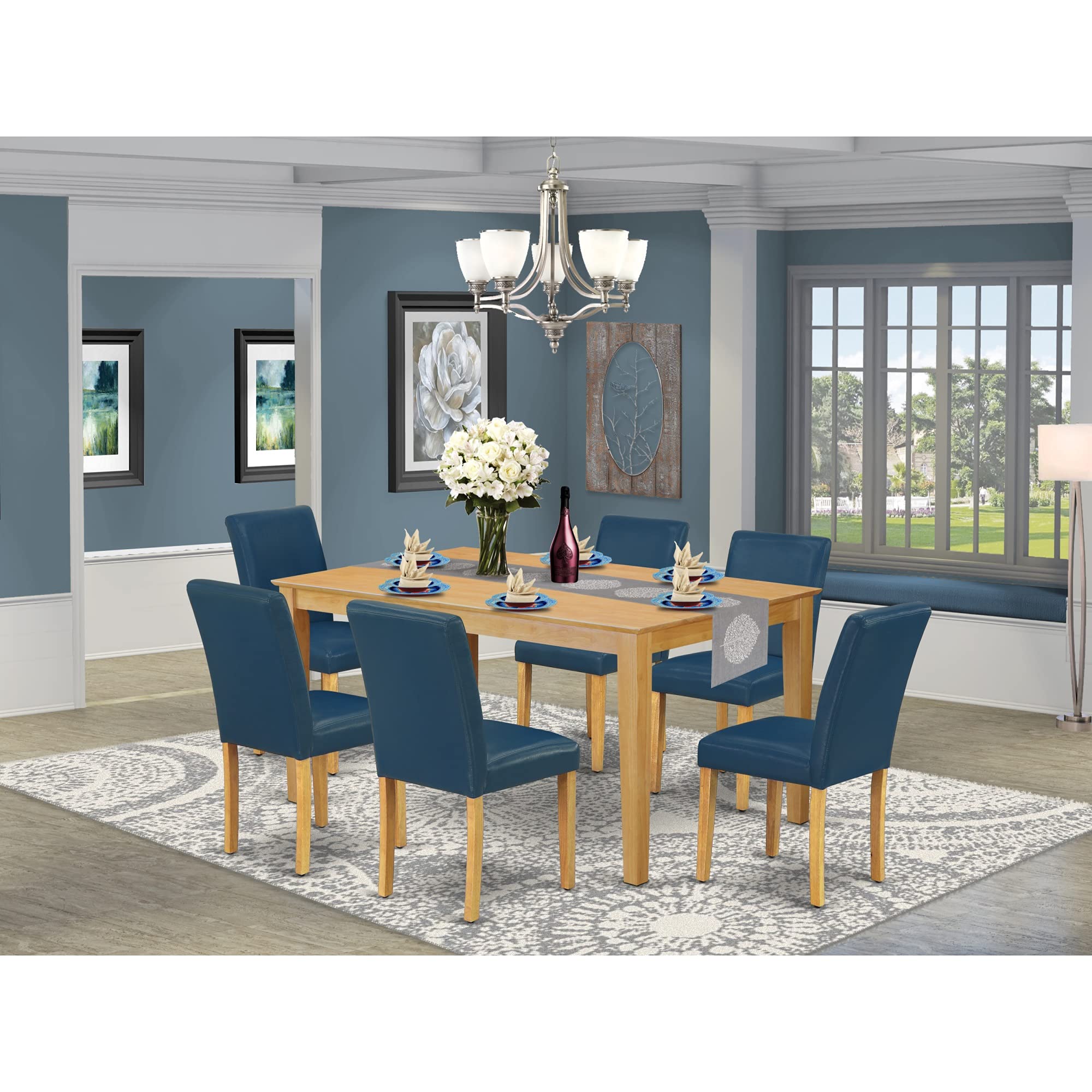 East West Furniture Caab7-Oak-55 Capri 7 Piece Set Consist Of A Rectangle Dining Room Table And 6 Oasis Blue Faux Leather Upholstered Parson Chairs, 36X60 Inch