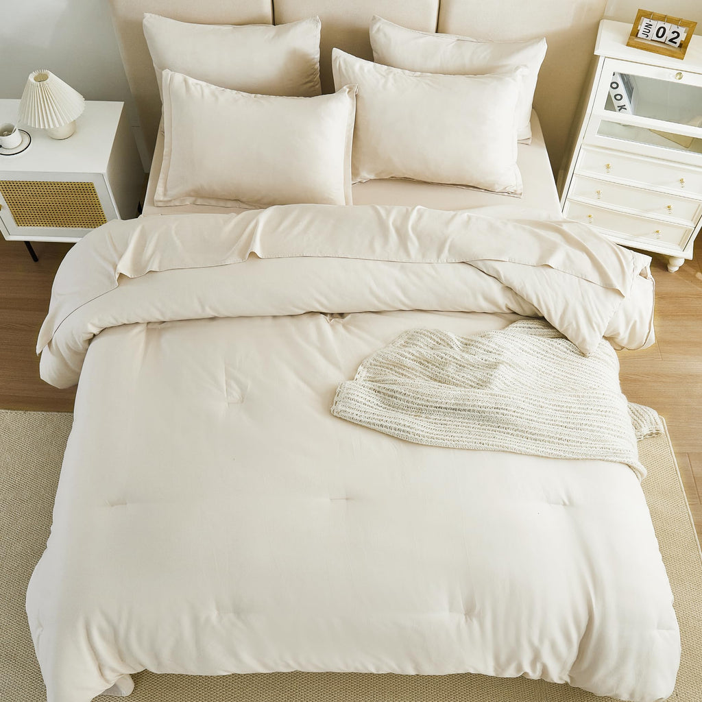 Litanika Beige Bed In A Bag Full - 7 Pieces Full Size Comforter Sets Beddding Comforter Sets, Solid Fluffy Bed Set With Comforte