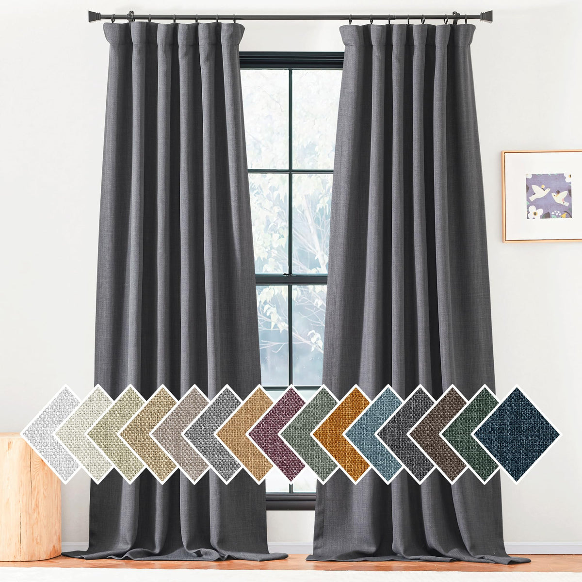 Nicetown Charcoal Gray Linen Room Darkening Curtains For Bedroom, Pinch Pleated Faux Linen Blend Curtains Thermal Insulated Nois