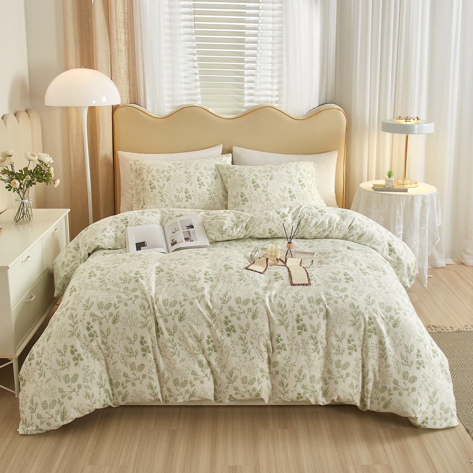 Vintage Boho Floral Duvet Cover King White Green Floral Print Bedding Set Cotton Botanical Floral Comforter Cover Garden Flowers