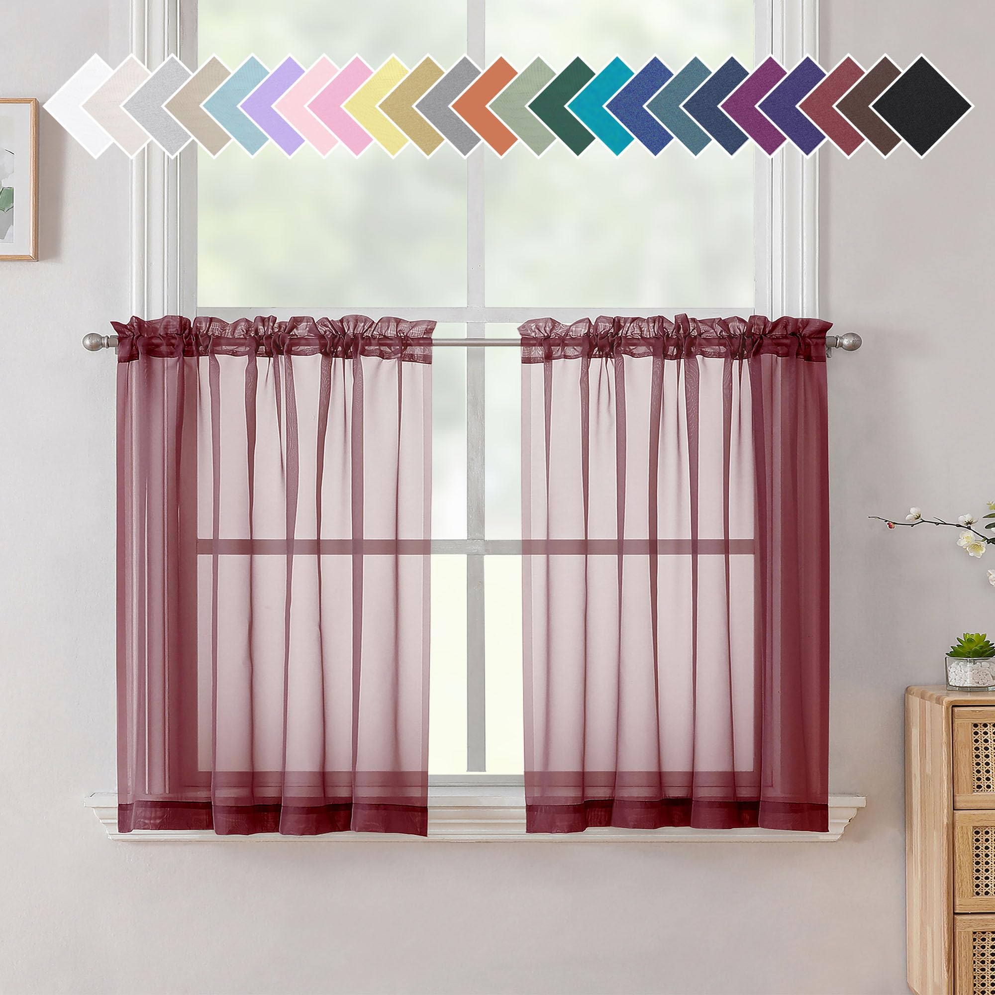 Aiyufneg Small Sheer Tier Curtains Half Kitchen Curtain Sheers, Light Filtering Farmhouse 24 Inch Window Panels Rod Pocket Burgu