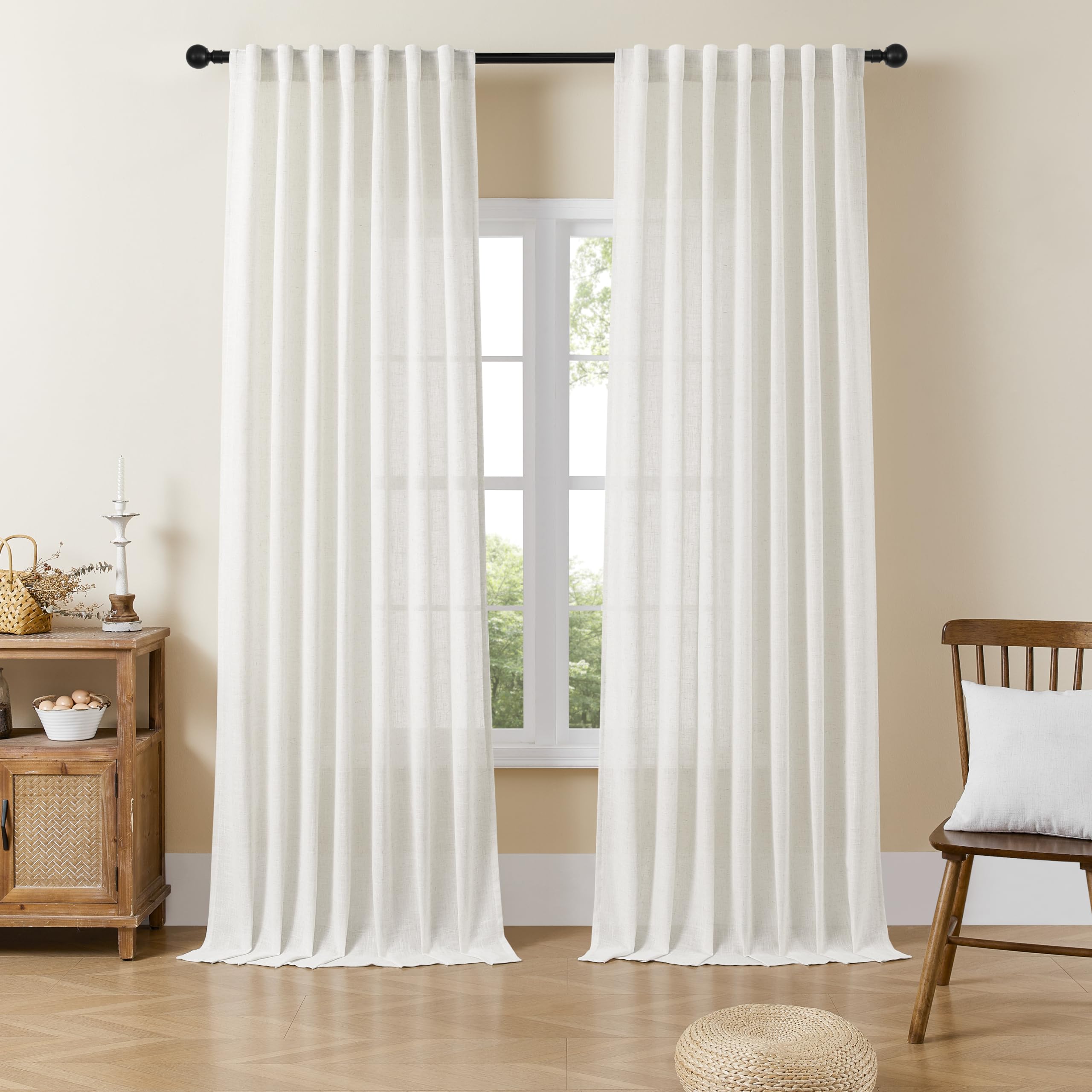 Joydeco Linen Curtains For Living Room,Semi-Sheer Curtains 96 Inches Long,Living Room Curtains 2 Panel Sets,White Curtains Pinch