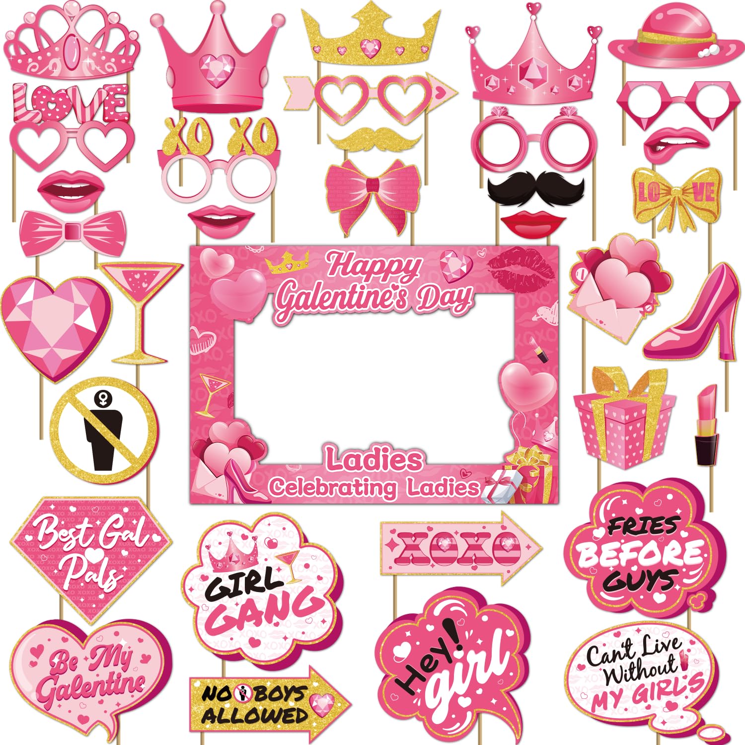 35 Pcs Galentines Photo Booth Props with Photo Frame, Galentines Day Photo Booth Props, Galentines Day Decorations Happy Galenti