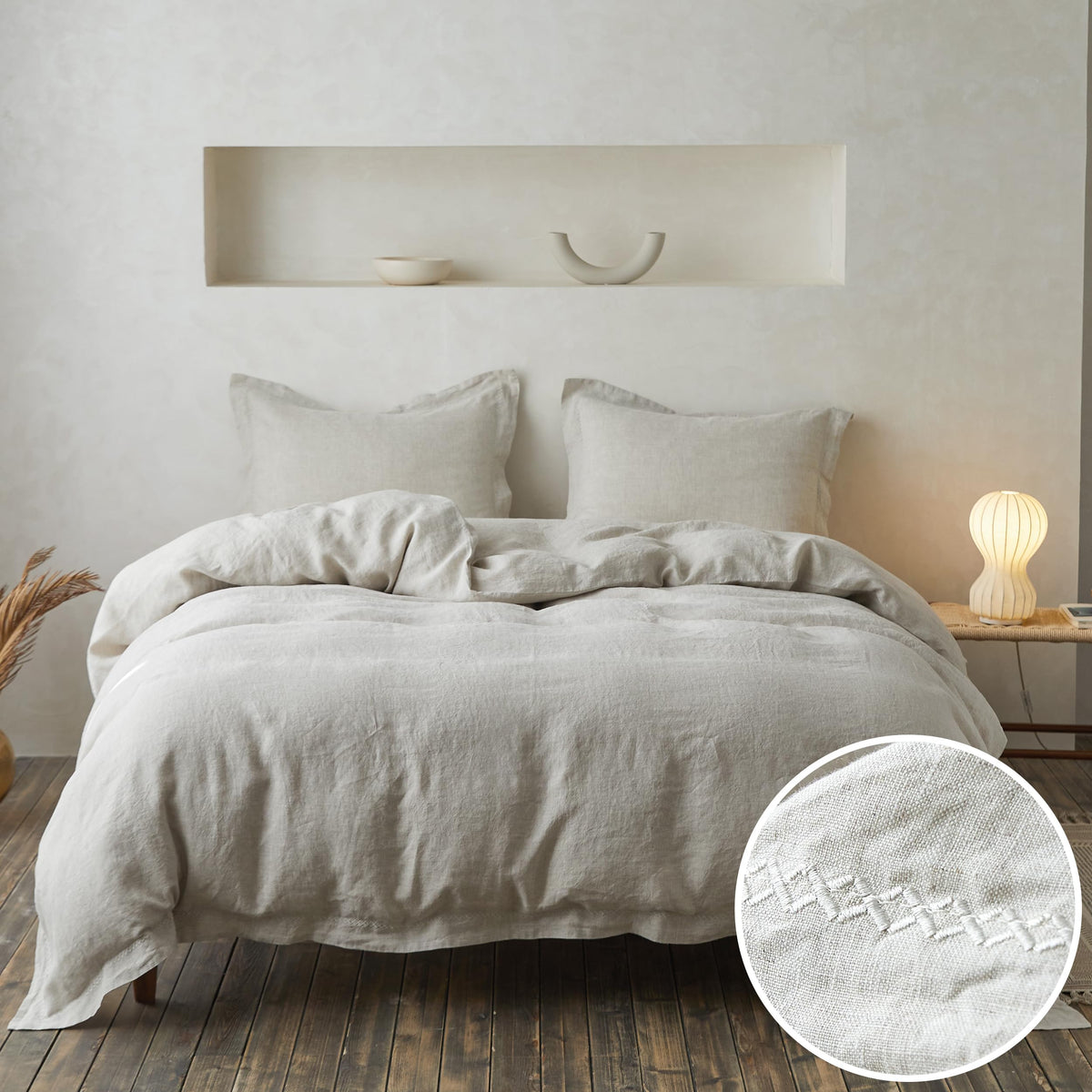 Simple&Opulence 100% Linen Duvet Cover Set With Crossed Embroidery Washed - 3 Pieces (1 Duvet Cover With 2 Pillow Shams) Soft Br