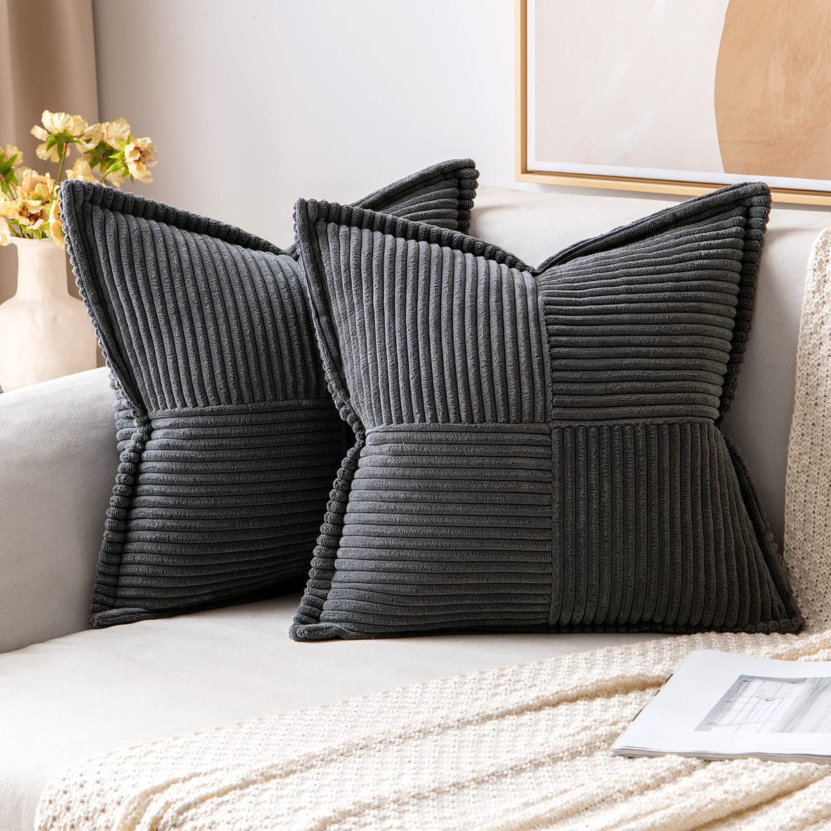 Miulee Dark Grey Corduroy Pillow Covers 20 X 20 Inch With Splicing Set Of 2 Super Soft Boho Striped Pillow Covers Broadside Deco