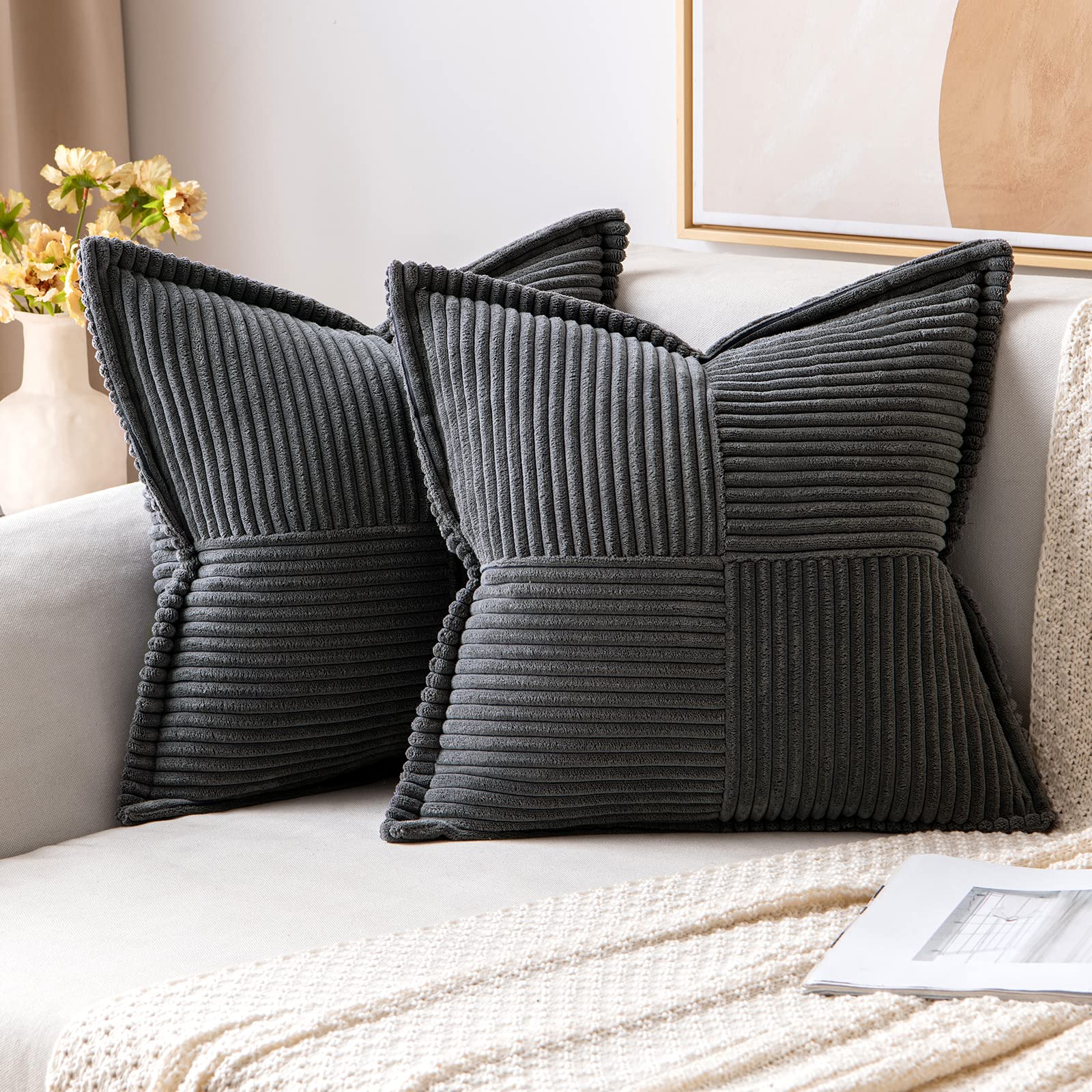 Miulee Dark Grey Corduroy Pillow Covers 18 X 18 Inch With Splicing Set Of 2 Super Soft Boho Striped Pillow Covers Broadside Deco