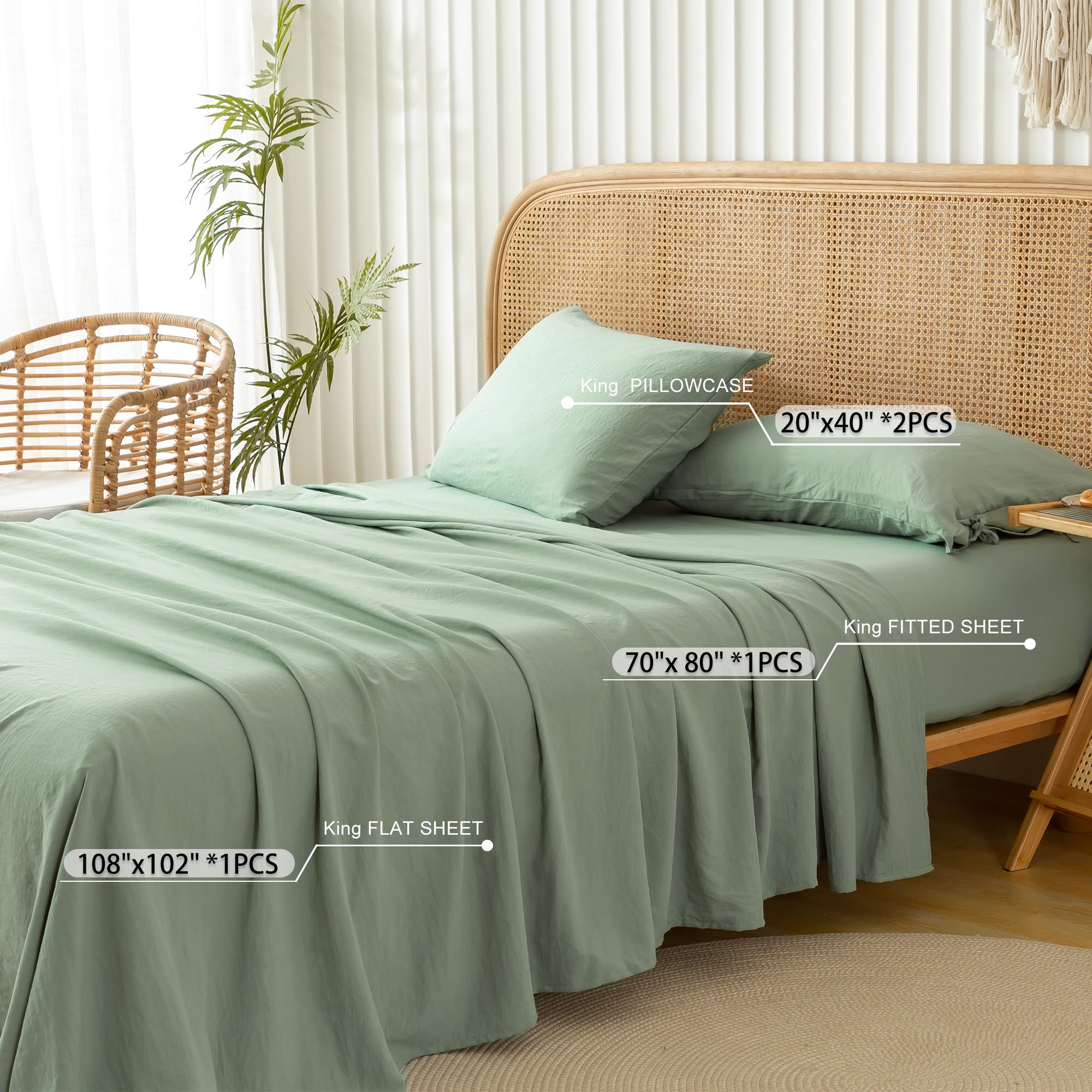 Cottebed Boho Washed Polycotton King Bed Sheet - Ultra-Soft Vintage Wrinkle Look 16'' Deep Pocket King Sized Bedding Set, Home C