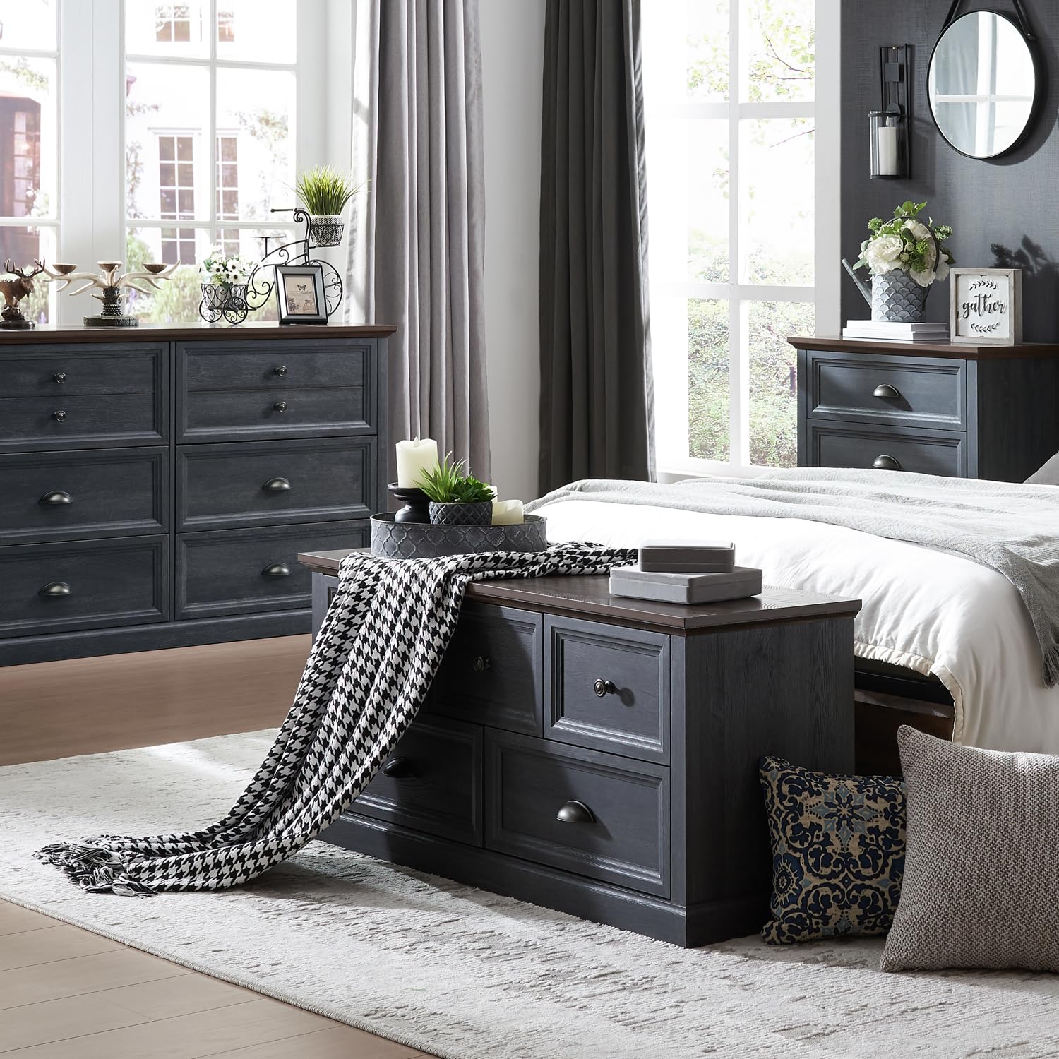 IFGET Farmhouse Dresser for Bedroom with 5 Drawers, Wide Chest of Drawers, Storage Closet Bench Storage Chest Storage Trunk, Woo