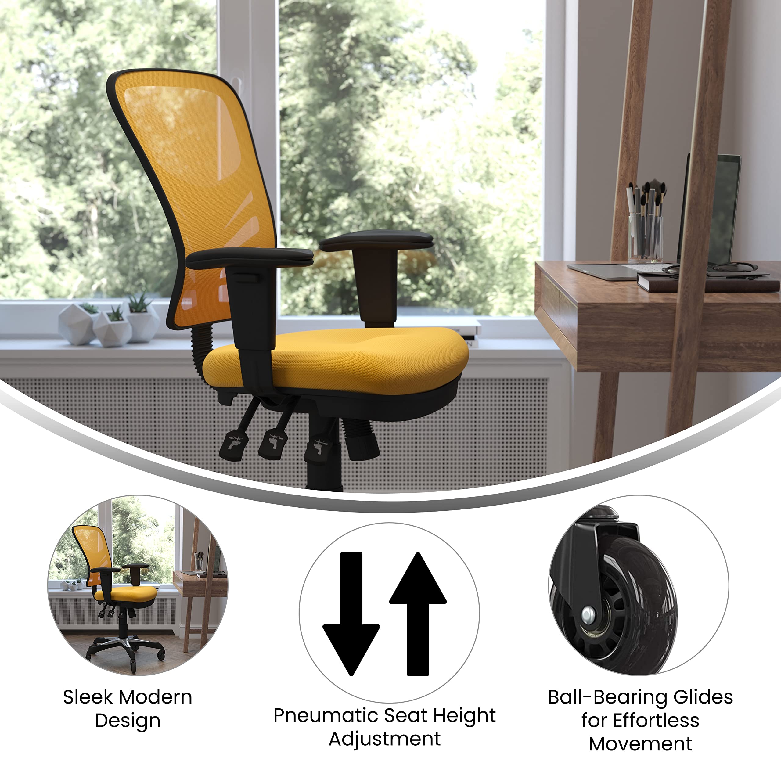 Flash Furniture Nicholas Mid-Back Yellow-Orange Mesh Multifunction Executive Swivel Ergonomic Office Chair With Adjustable Arms And Transparent Roller Wheels
