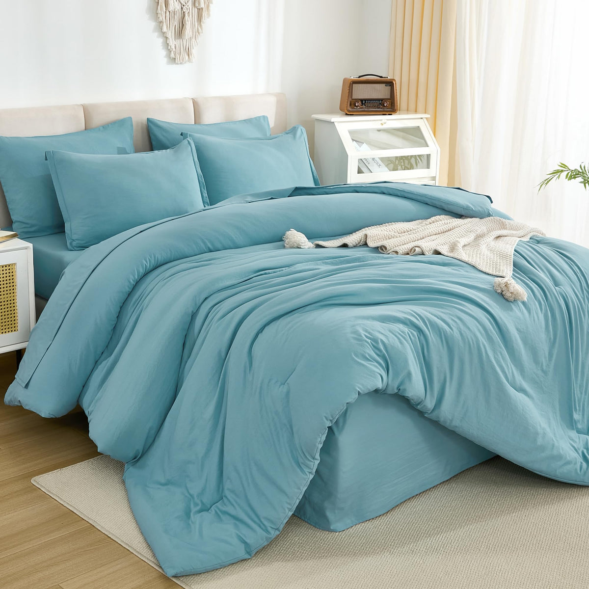 Litanika California King Comforter Set Grayish Teal - 7 Pieces Bed In A Bag Cal King Beddding Comforter Sets, Plain Lightweight