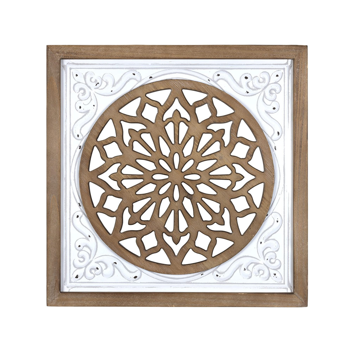 HomeRoots Multi 60% Metal 40% MDF Wood Veneer White Ethnic Wood and Metal Square Wall Plaque