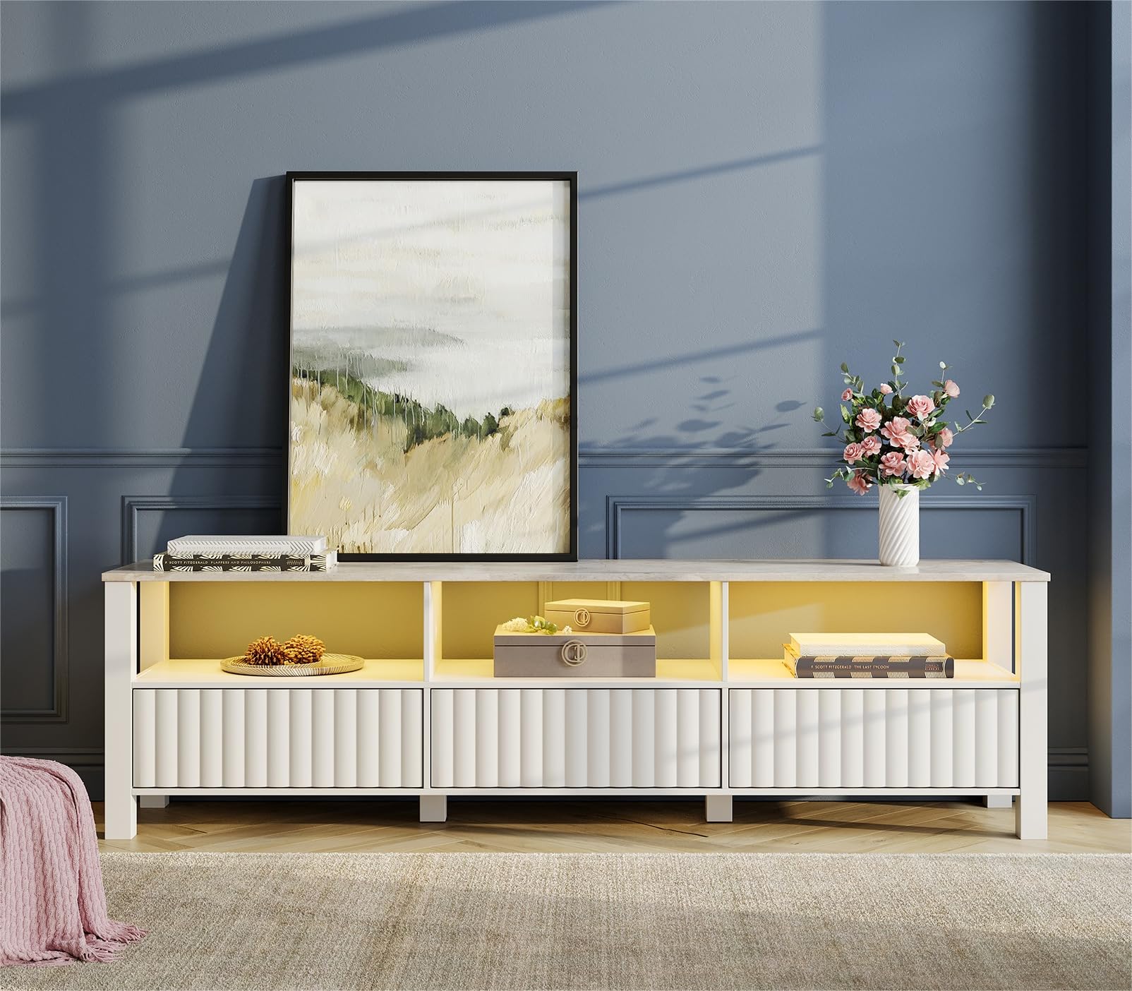 Wampat Led Tv Stand For Tvs Up To 75 Inches, White Modern Entertainment Center For 80/70/65 Inch Tv Console Table Media Cabinet With 6 Storage Cubby For Living Room & Bedroom, 70 Inch