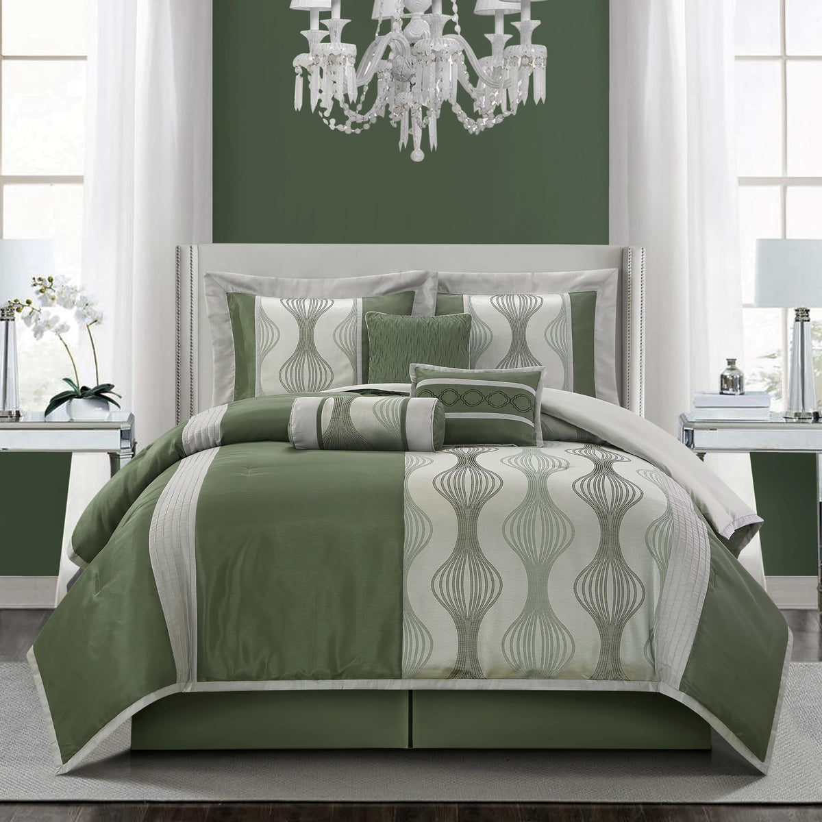 Stratford Park 7 Piece Green Comforter Set, King Size Jacquard Bedding Set, All Season Geometric Patchwork Bedding Set, Matching