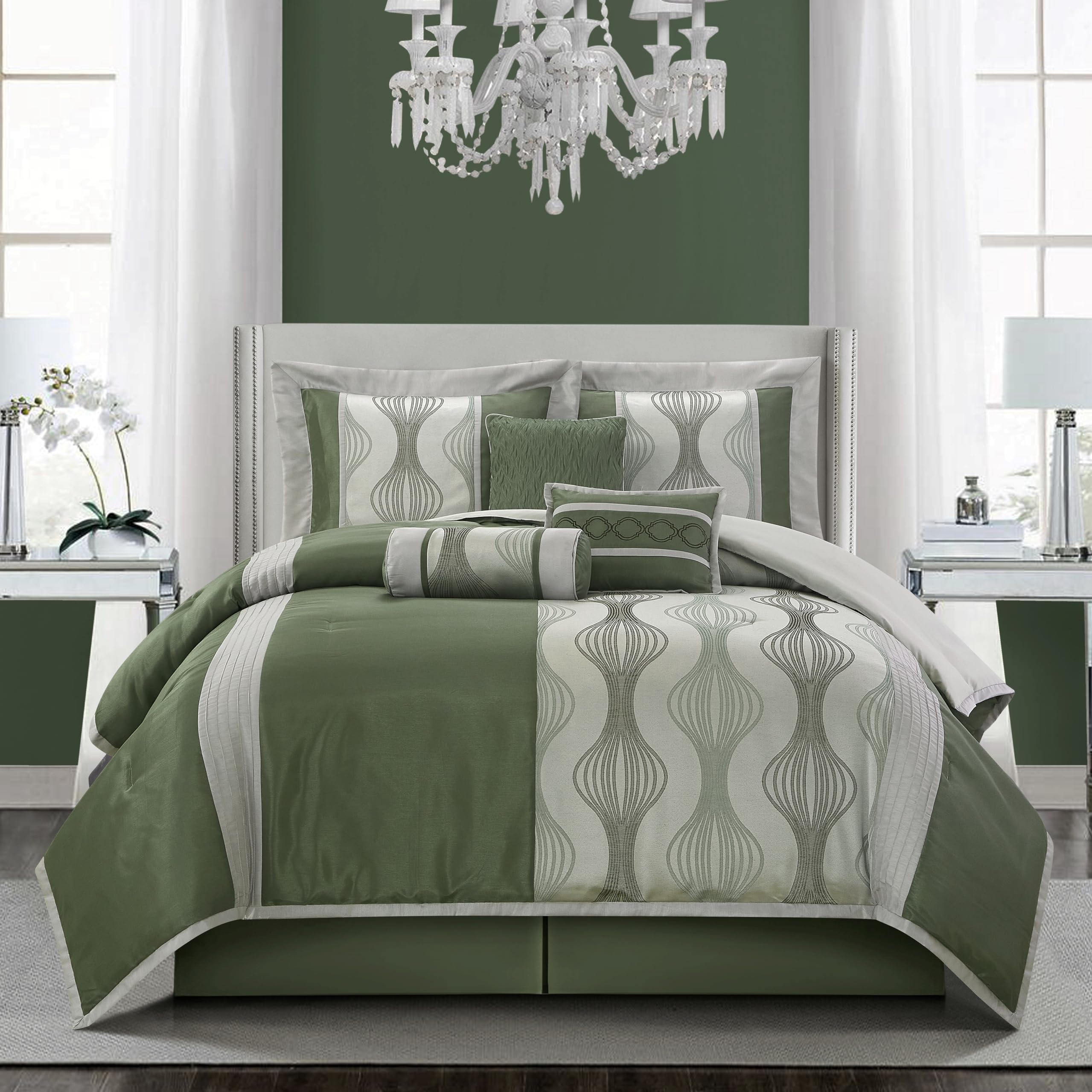 Stratford Park 7 Piece Green Comforter Set, King Size Jacquard Bedding Set, All Season Geometric Patchwork Bedding Set, Matching