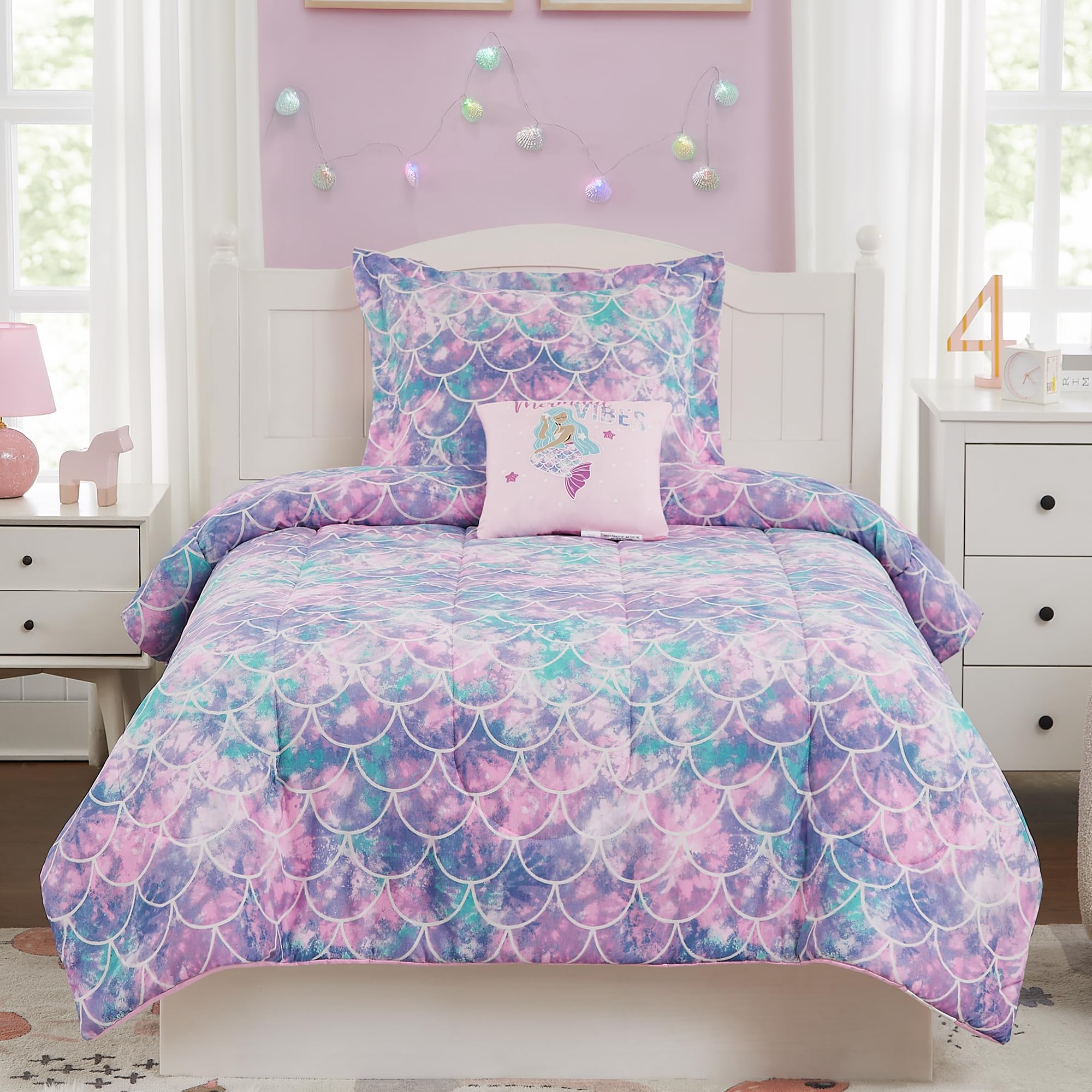 Kaleido Space Kaleidospace Pink Comforter Twin For Kids, Glow In The Dark Mermaid Bedding Sets With Decor Pillow, 3 Pieces Girls