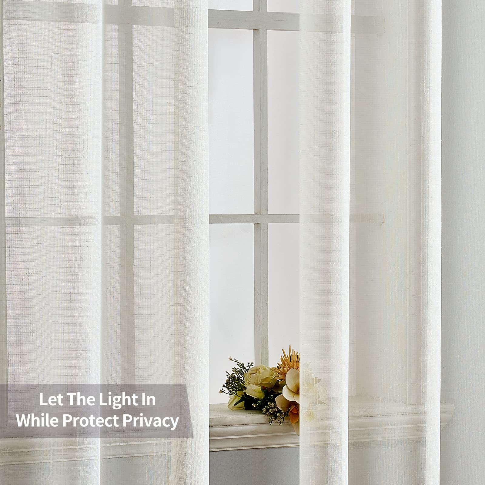 Miulee 2 Panels Natural Linen Look Textured Sheer Curtains Elegant Solid Ivory Drapes Grommet Top Window Voile Panels For Bedroo