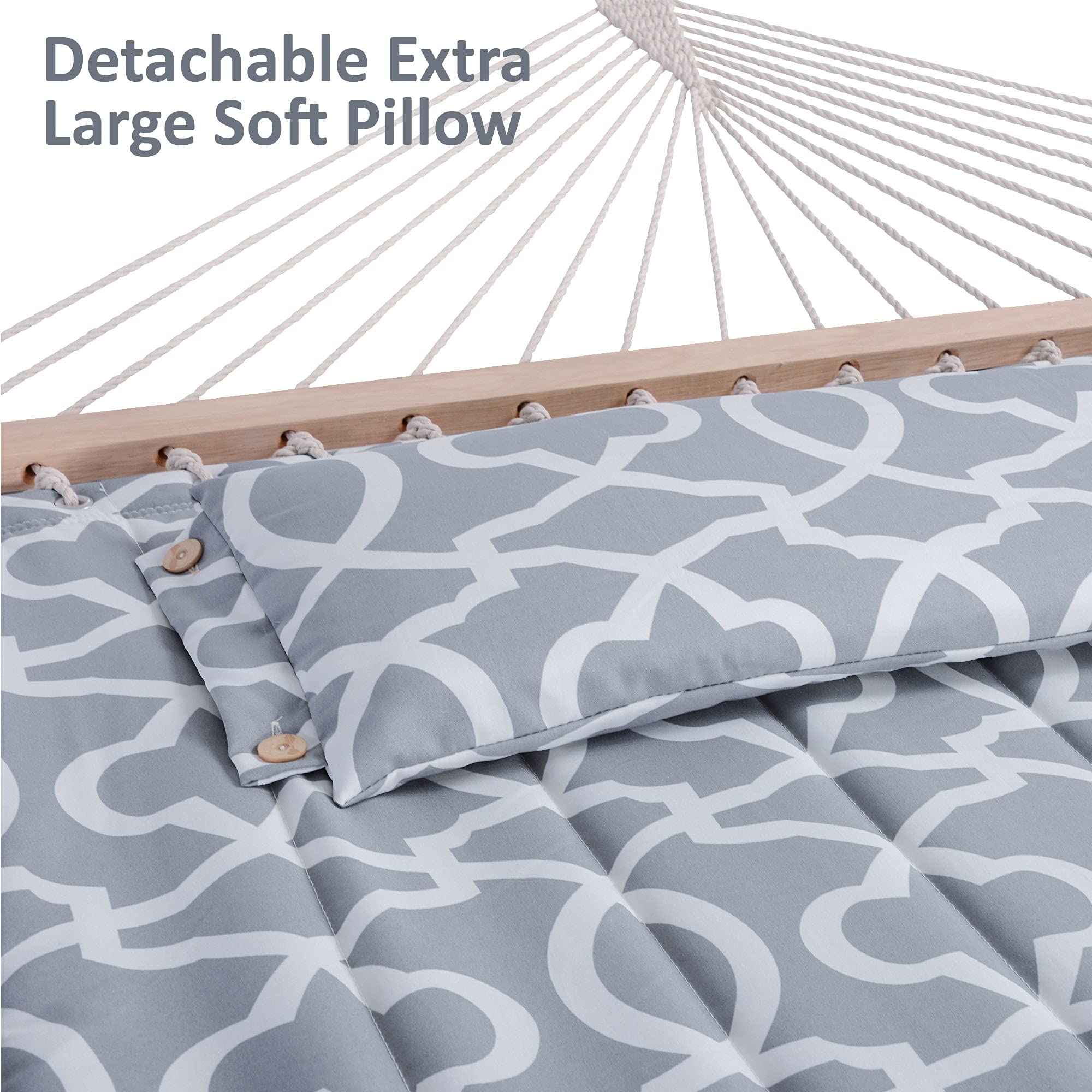 Suncreat 55 Inch Extra Large Double Hammock With Stand, 475Lbs Capacity, Outdoor Portable Hammock With Hardwood Spreader Bar, Extra Large Pillow, Grey
