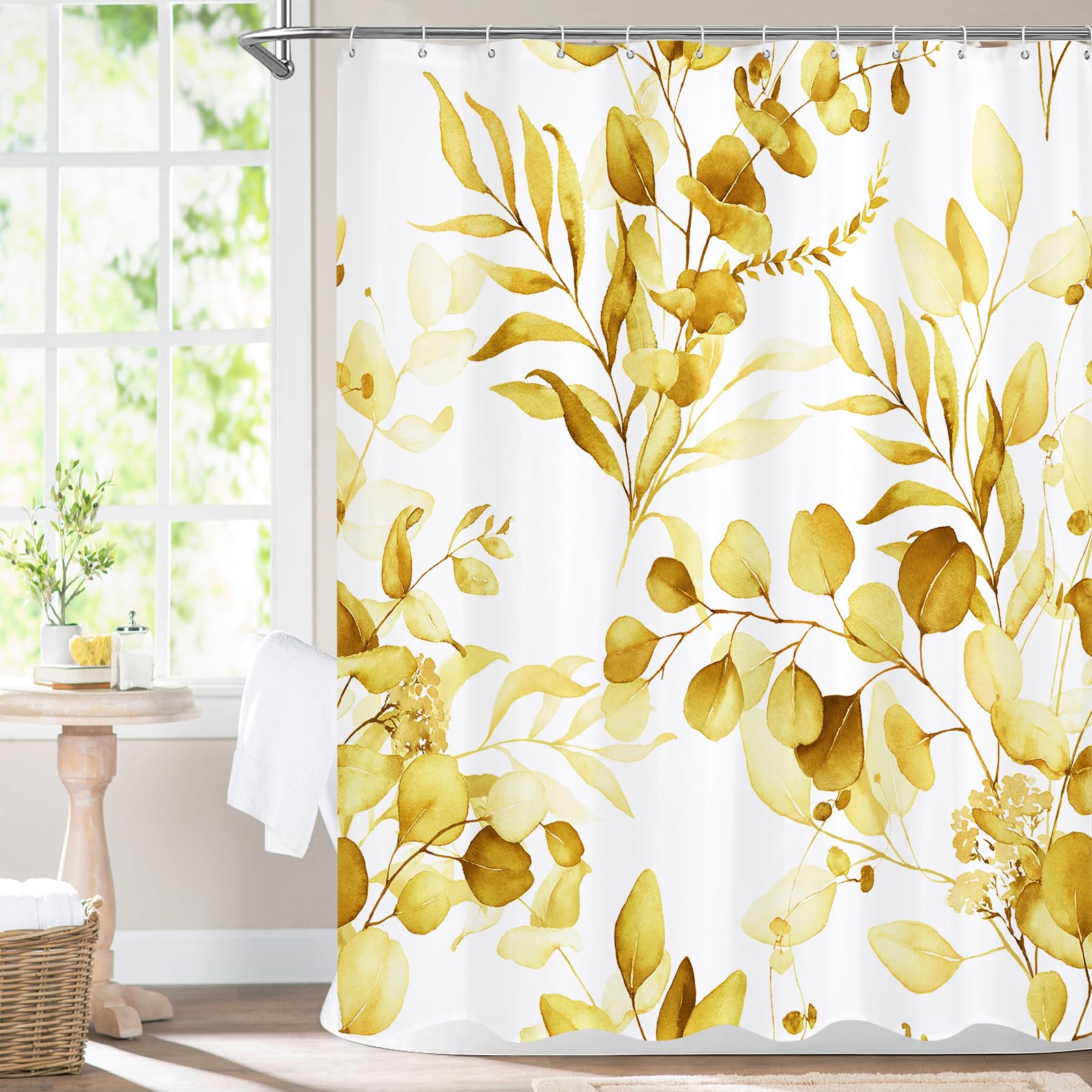 Mitovilla Yellow Floral Shower Curtain, Modern Plants Botanical Fabric Cloth Shower Curtains For Rustic Vintage Bathroom Decor,