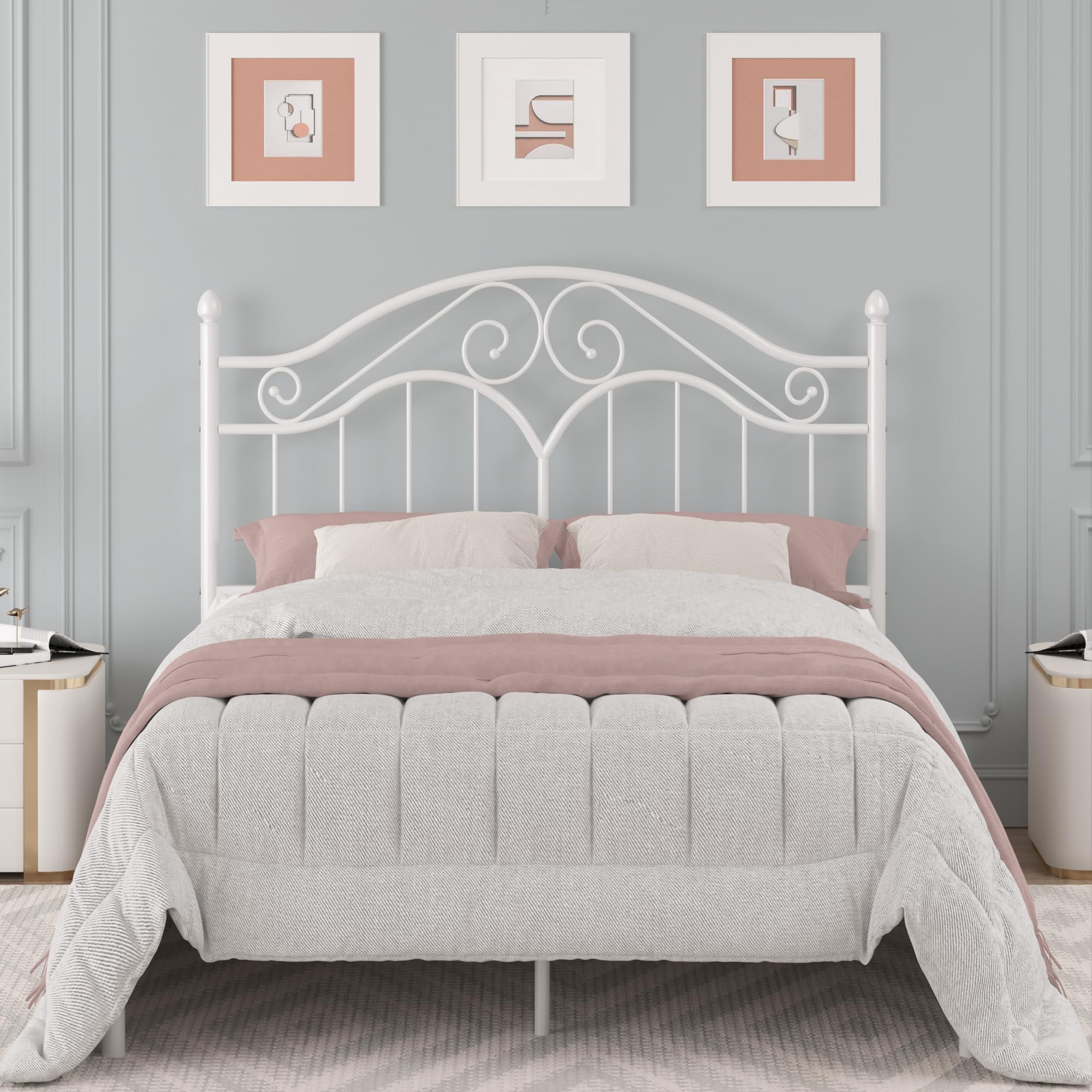 Elephance Queen Size Metal Bed Frame With Vintage Headboard,11 Inches Storage Space Platform Bed No Box Spring Needed Easy Assembly,White