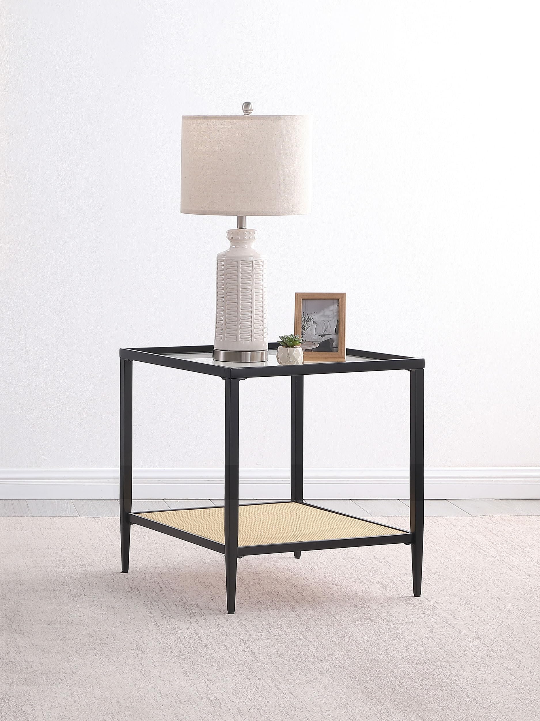 Coaster Home Furnishings Amherst Glass Top Metal with Cane Shelf End Table Black