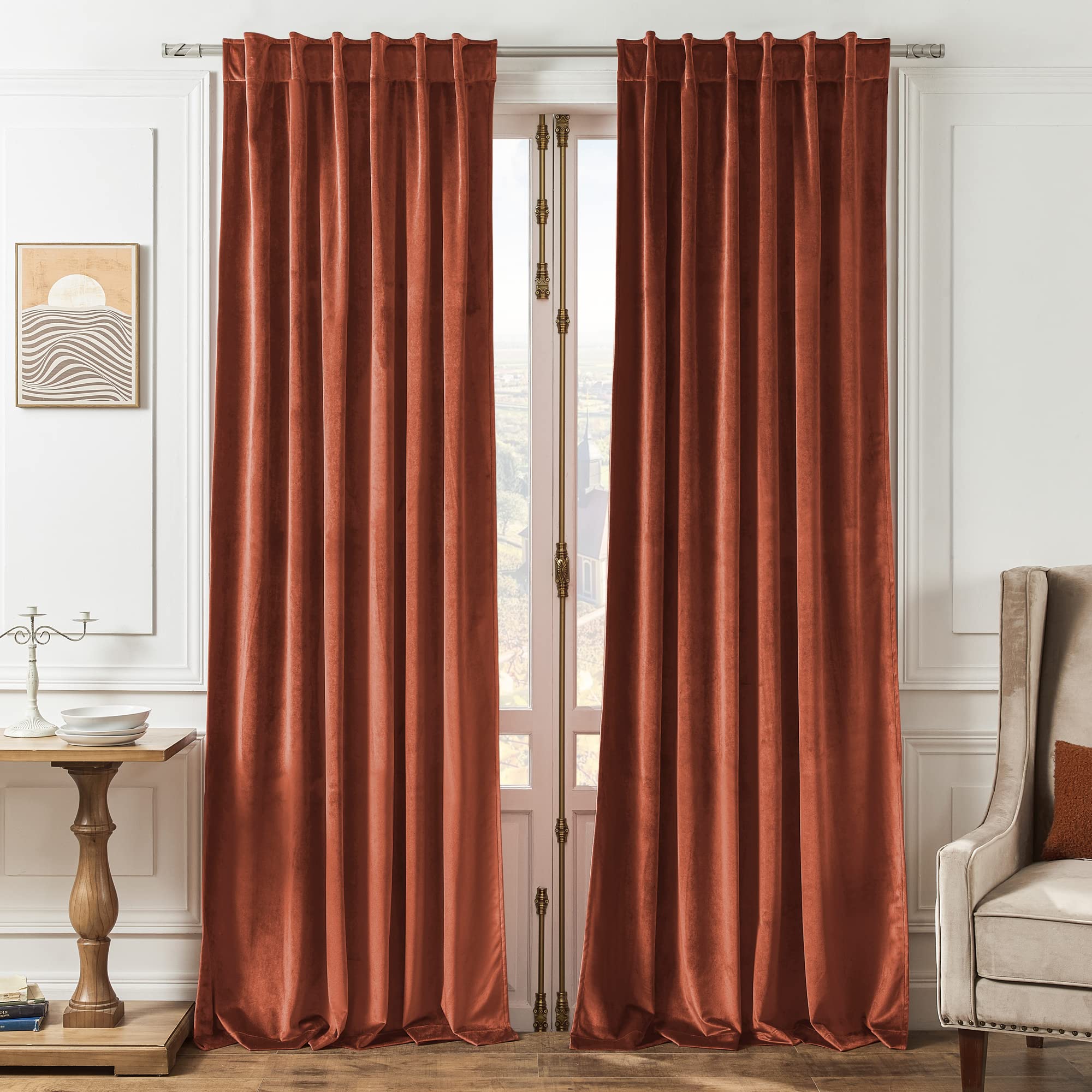 Timeper Red Velvet Curtains 108 Inches - Holiday Decor Rust Velvet Curtains Back Tab Blackout Drapes Thick Soft Chrismas Decorat