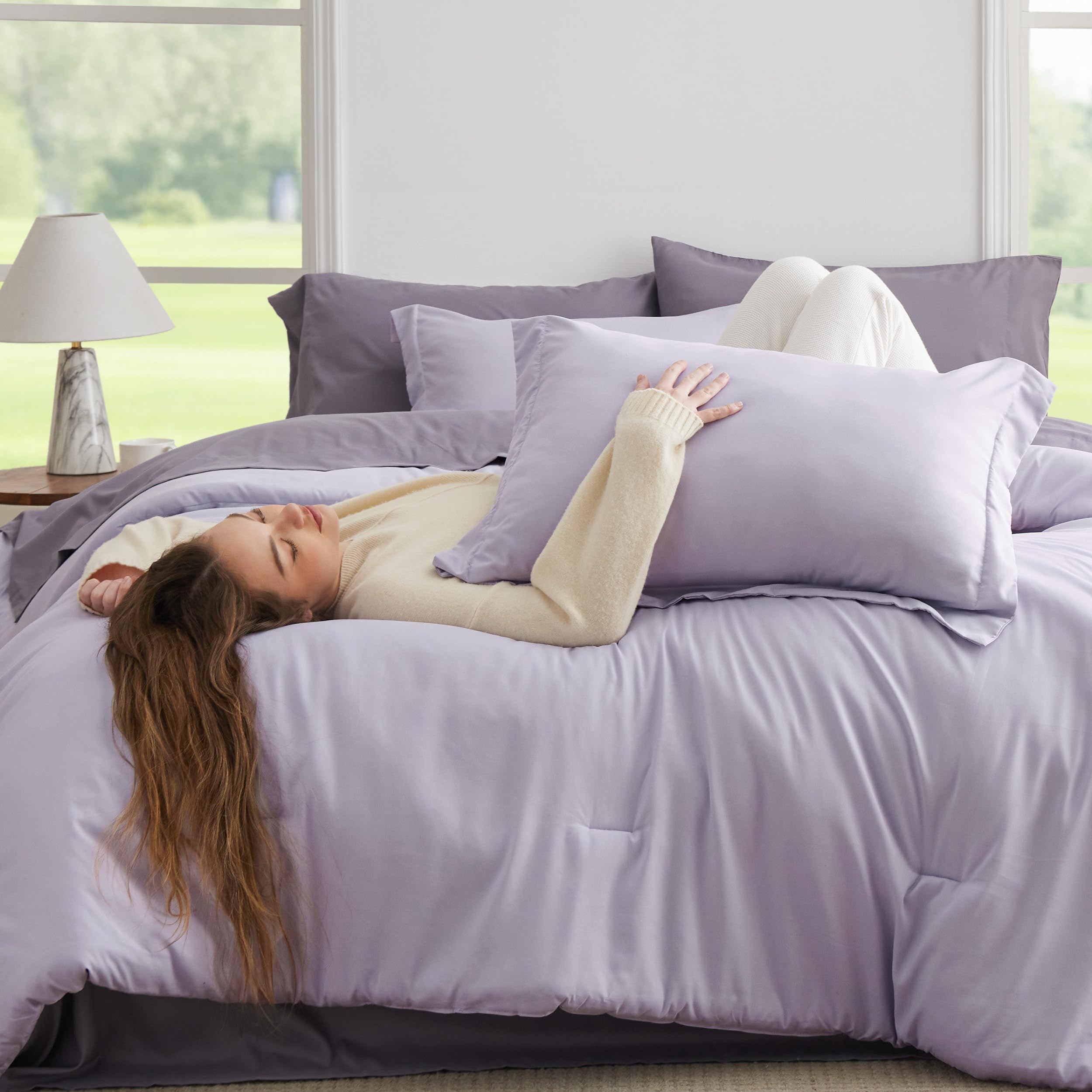 Bedsure Full Size Comforter Set - 7 Pieces Lavender Full Bedding Set For All Seasons, Boho Contrasting Design Bed In A Bag With Comforter, Sheets, Pillowcases & Shams