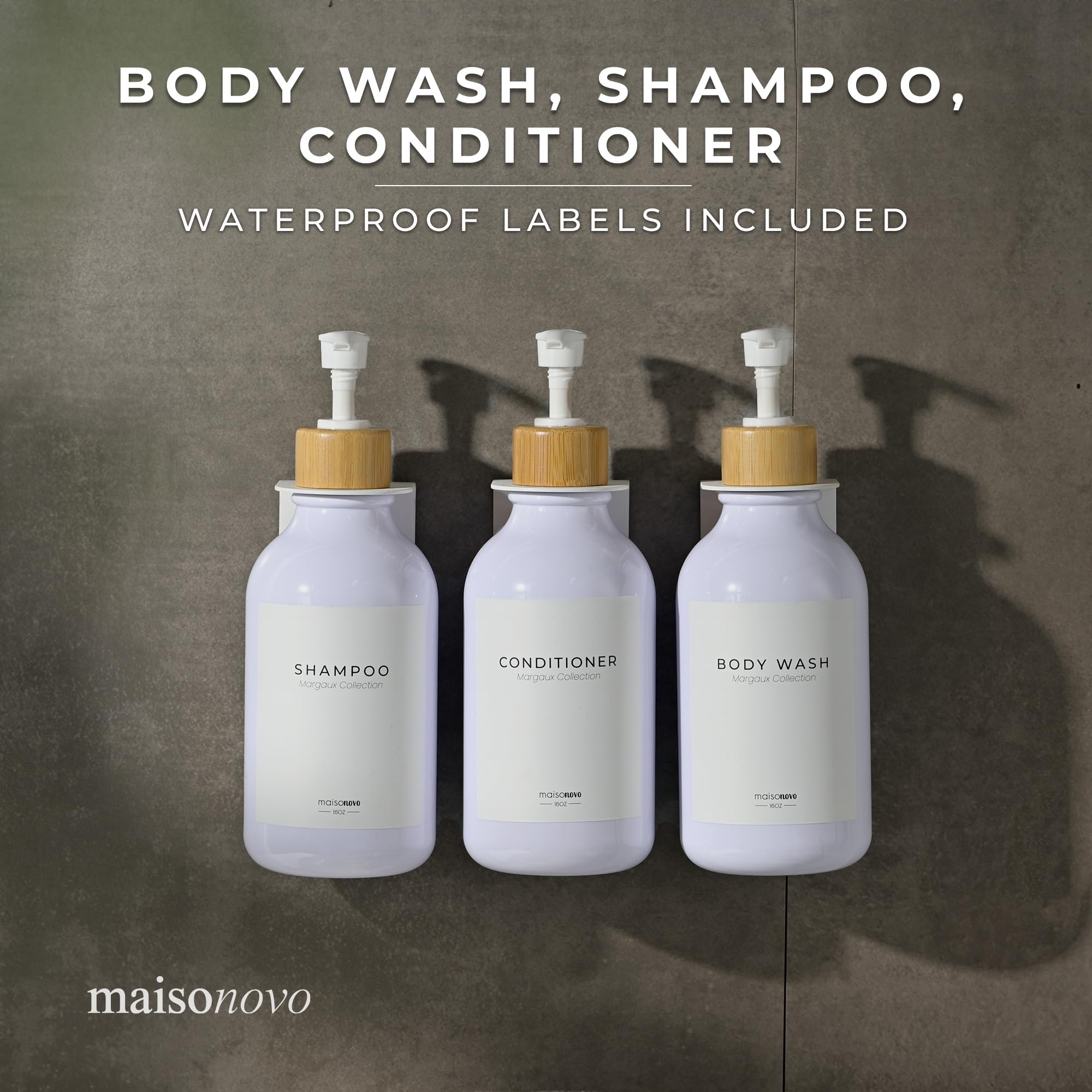 MAISONOVO Wall Mounted Shampoo and Conditioner Dispenser Set of 3 - 16.9 fl oz White Plastic Bottles with Bamboo Pump - No Drill