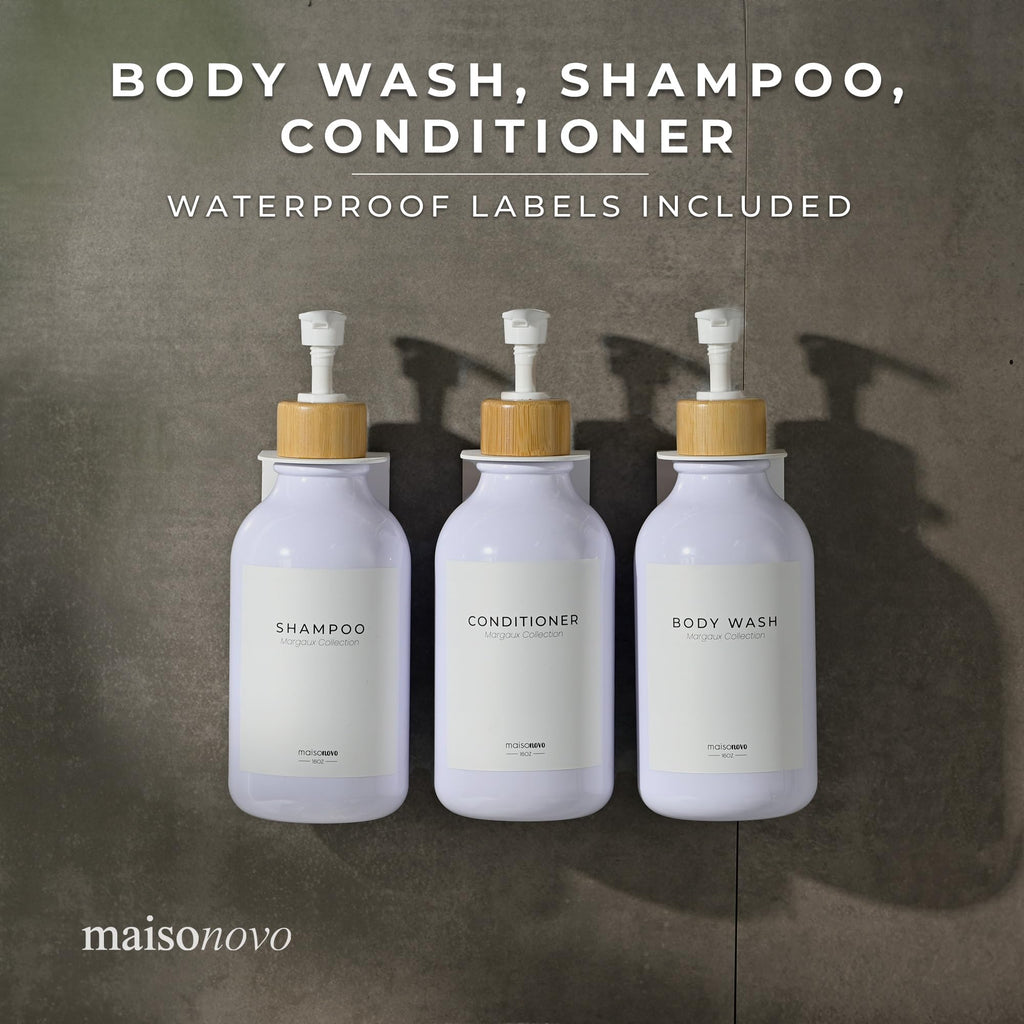 MAISONOVO Wall Mounted Shampoo and Conditioner Dispenser Set of 3 - 16.9 fl oz White Plastic Bottles with Bamboo Pump - No Drill