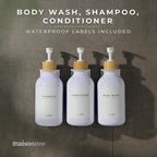 MAISONOVO Wall Mounted Shampoo and Conditioner Dispenser Set of 3 - 16.9 fl oz White Plastic Bottles with Bamboo Pump - No Drill