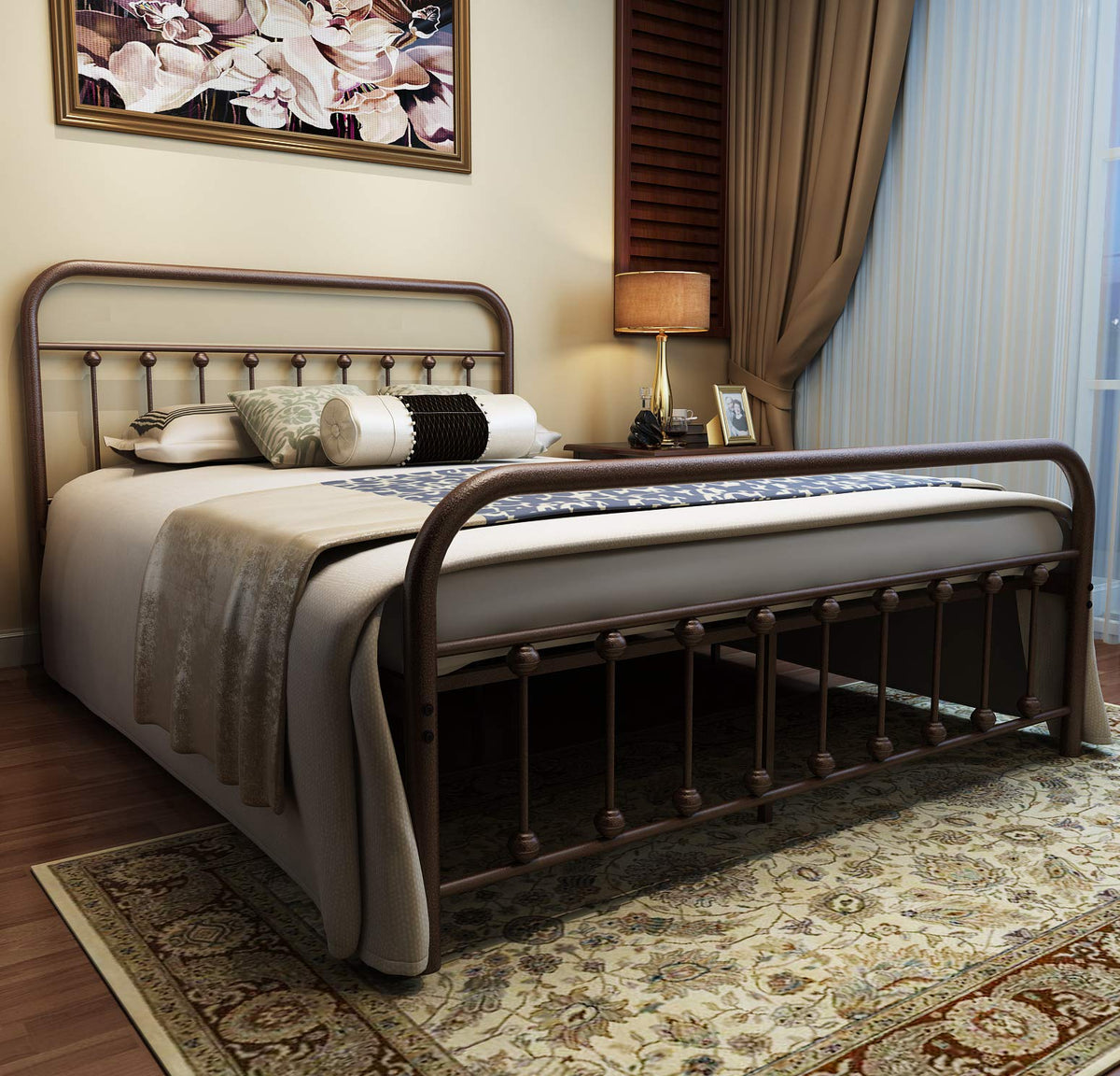 Nachtimoor Metal Bed Frame Queen Size Headboard And Footboard The Country Style Iron-Art Double Bed The Metal Structure, Antique Bronze Brown Baking Paint.Sturdy Metal Frame Premium Steel Slat Suppot