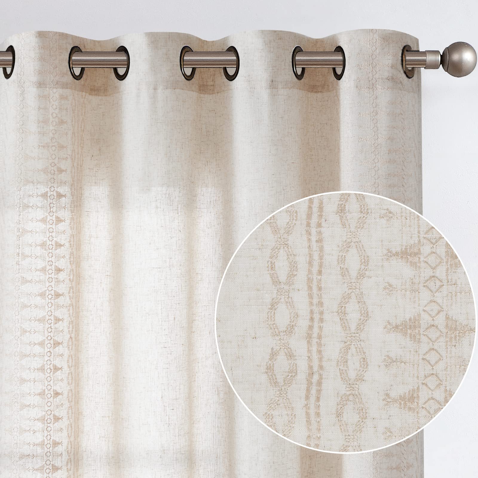 jinchan Boho Curtains for Bedroom Beige Linen Blend Extra Long Curtains for Living Room Embroidered Bordered Drapes 108 Inches L