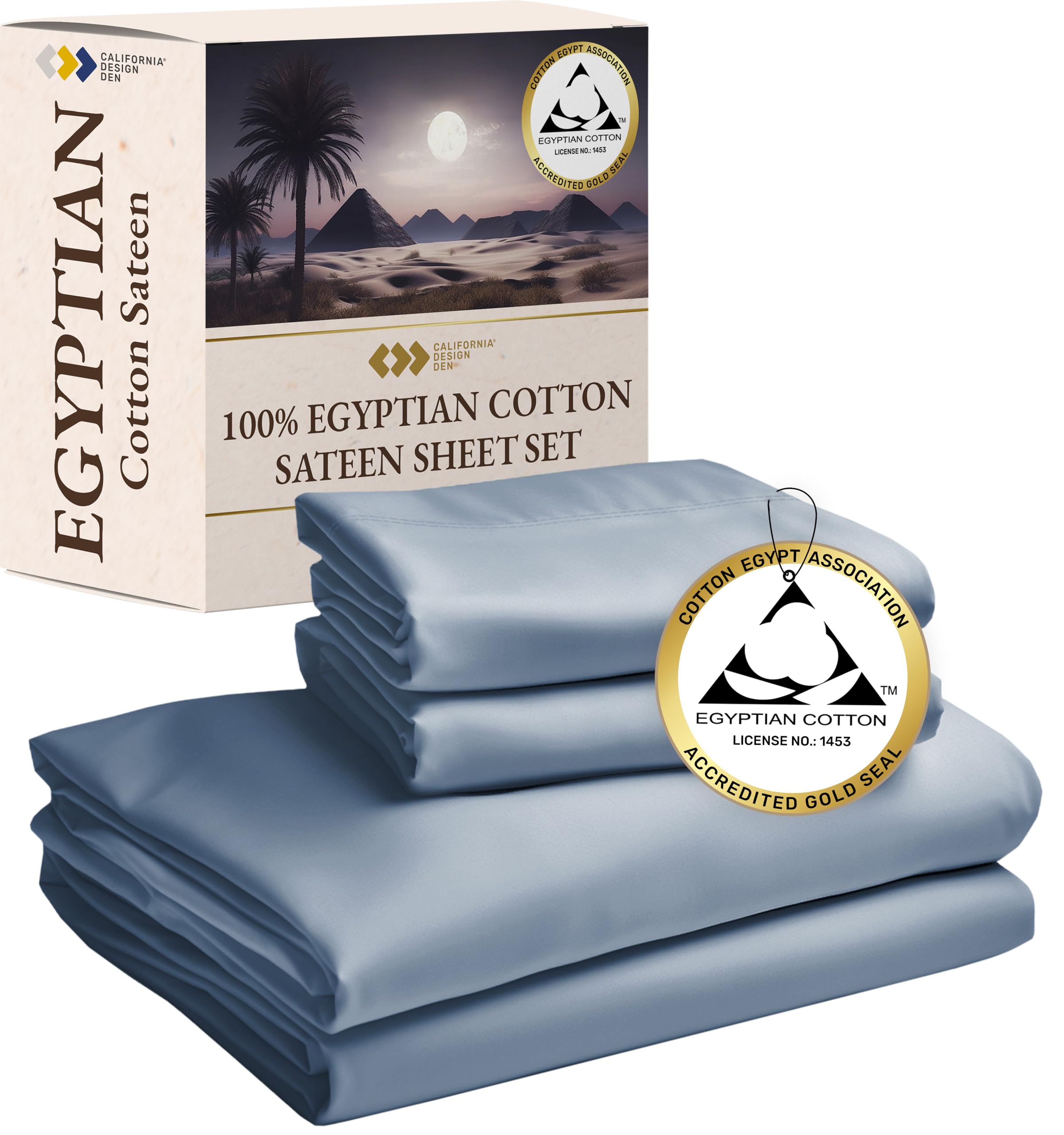 California Design Den Certified Luxury 100% Egyptian Cotton Sheets, King Size Bed Sheets, Deep Pocket Sateen Cooling Sheets For