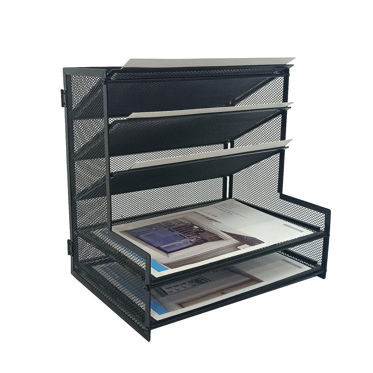 Settfrfe Office Supplies Desk Organizer,Metal Desktop File Holder Organizer With 5 Tier Paper Tray,Black