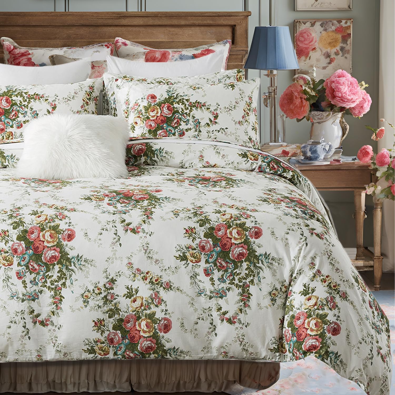Fadfay Shabby Vintage Rose Bedding 7 Pieces Duvet Cover Queen Floral Bed Sheets Cotton Off White Duvet Covers Deep Pocket Sheets